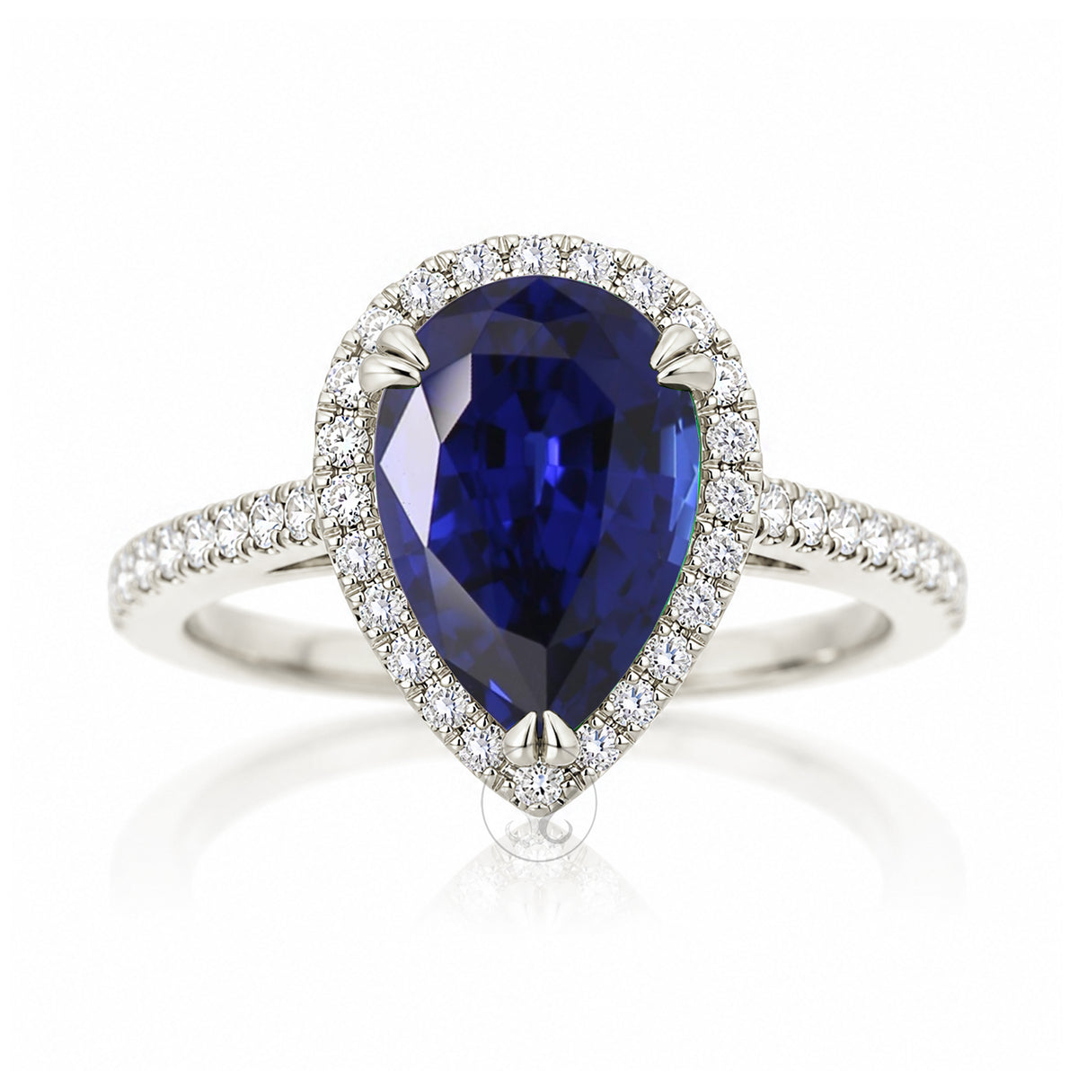 Pear cut blue sapphire ring with a diamond halo square band in a white gold cathedral setting
