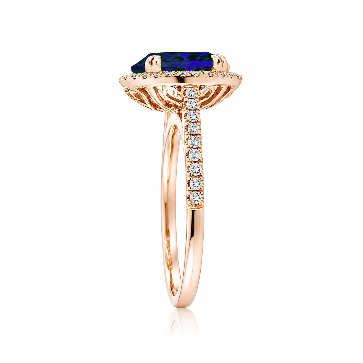 Round blue sapphire diamond halo ring with squarish diamond band rose gold