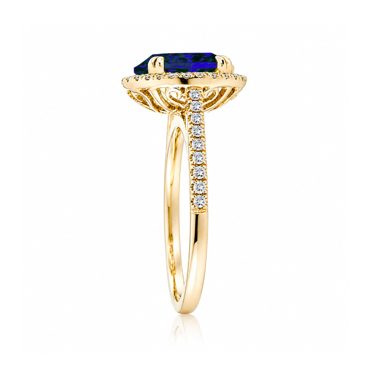 Round blue sapphire diamond halo ring with squarish diamond band yellow gold