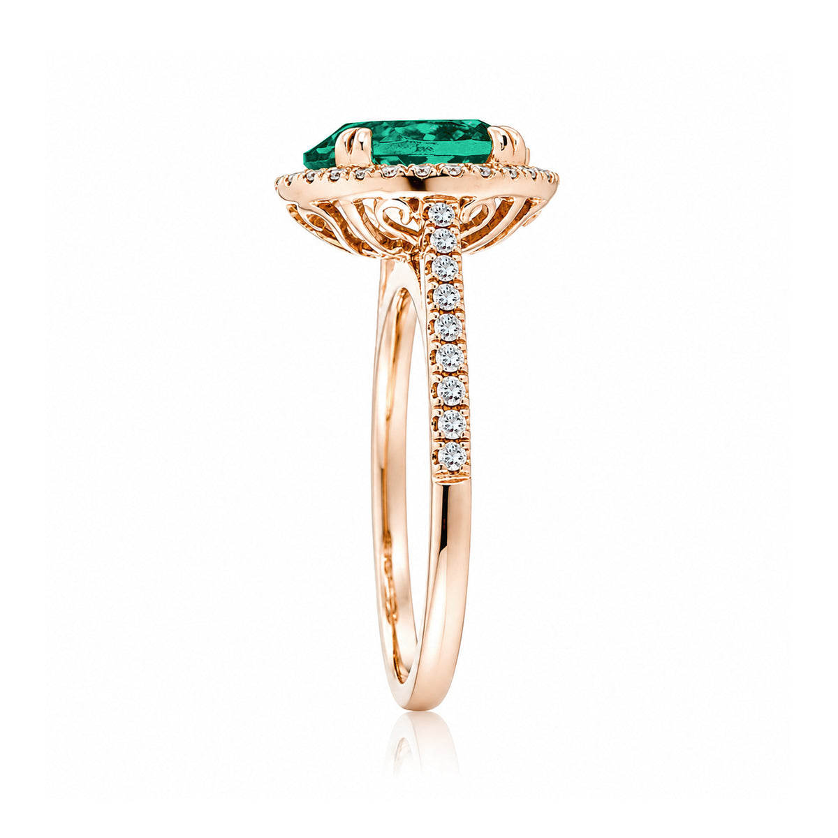 Round emerald diamond halo ring with squarish diamond band rose gold