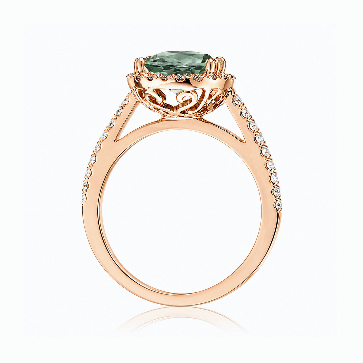 Round green sapphire diamond halo ring with squarish diamond band rose gold