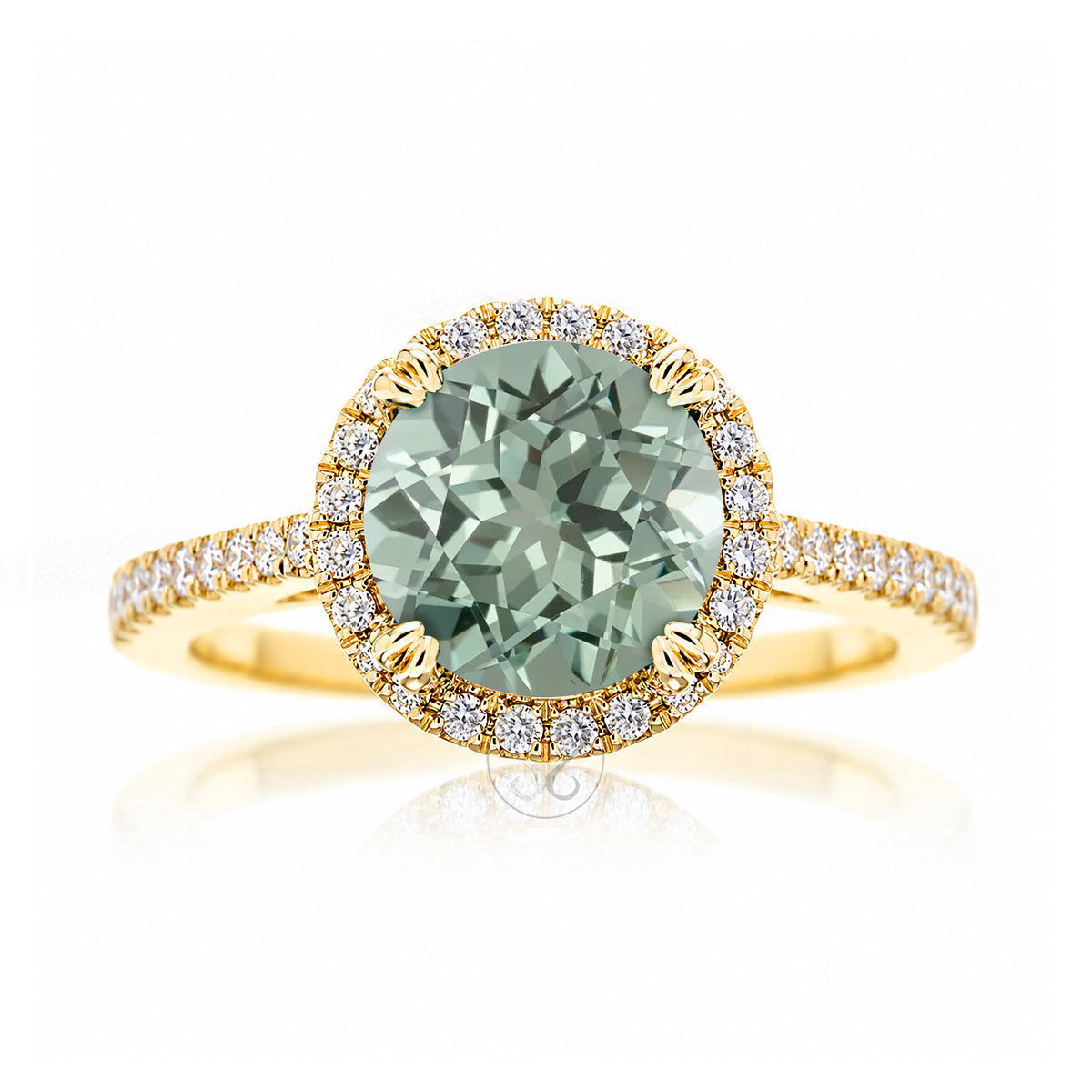 Round green sapphire diamond halo ring with squarish diamond band yellow gold