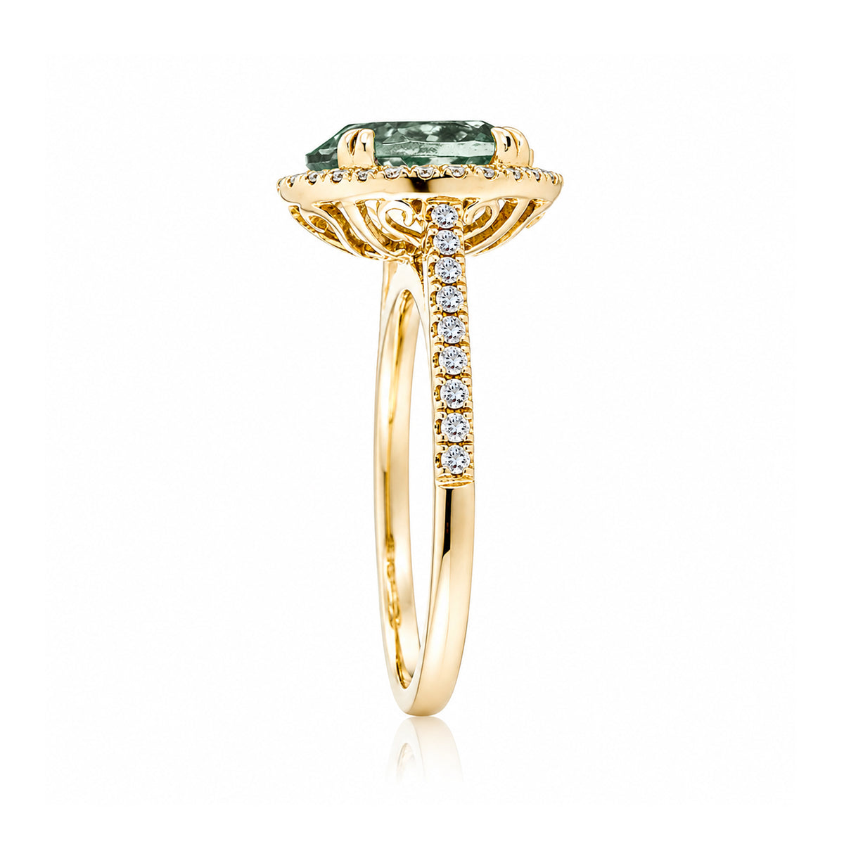 Round green sapphire diamond halo ring with squarish diamond band yellow gold