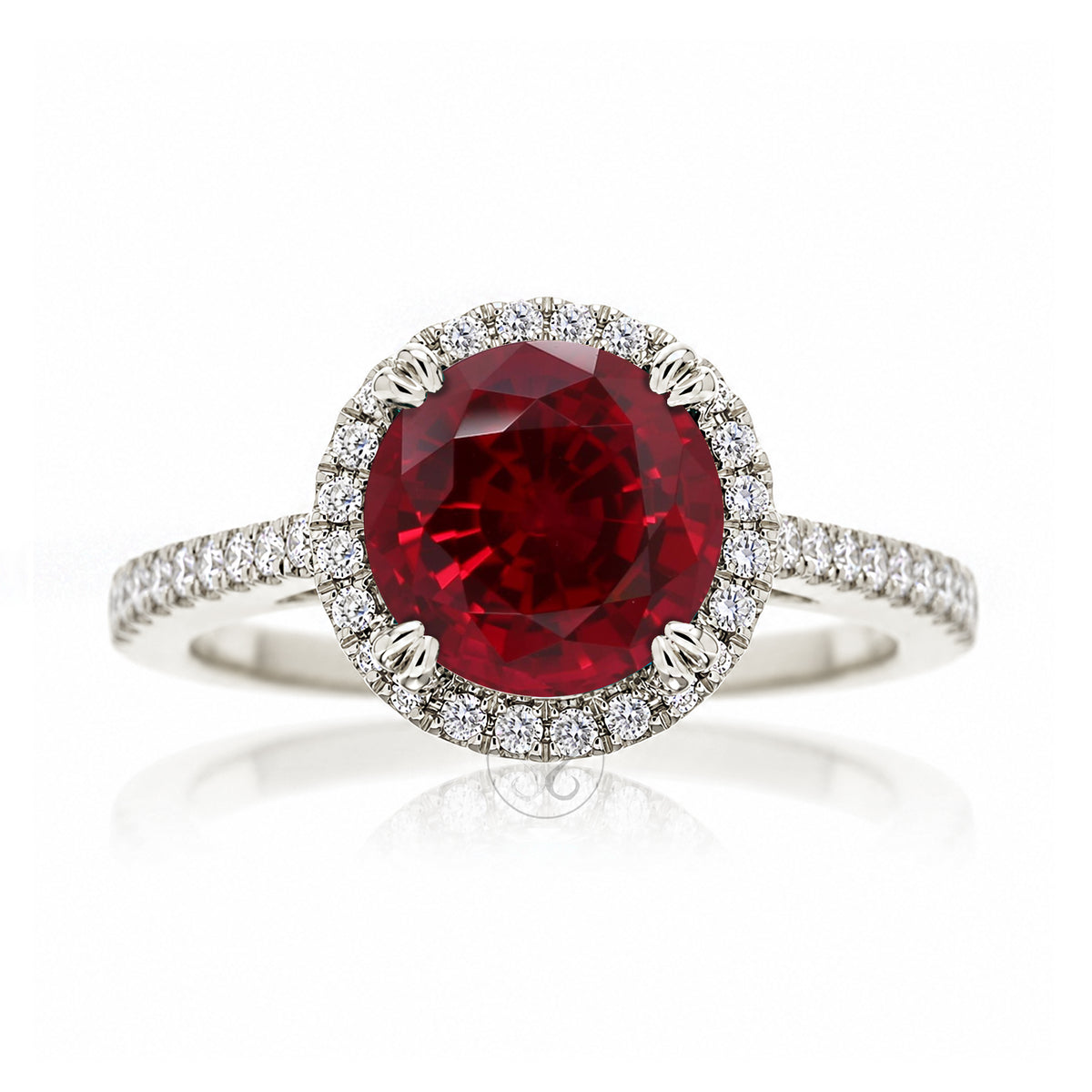 Round ruby diamond halo ring with squarish diamond band white gold