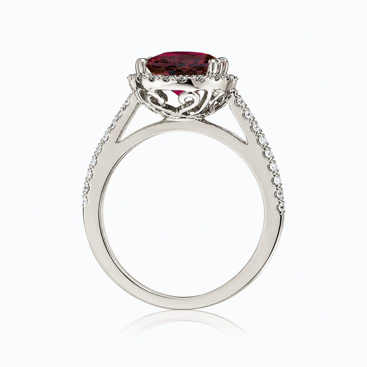 Round ruby diamond halo ring with squarish diamond band white gold