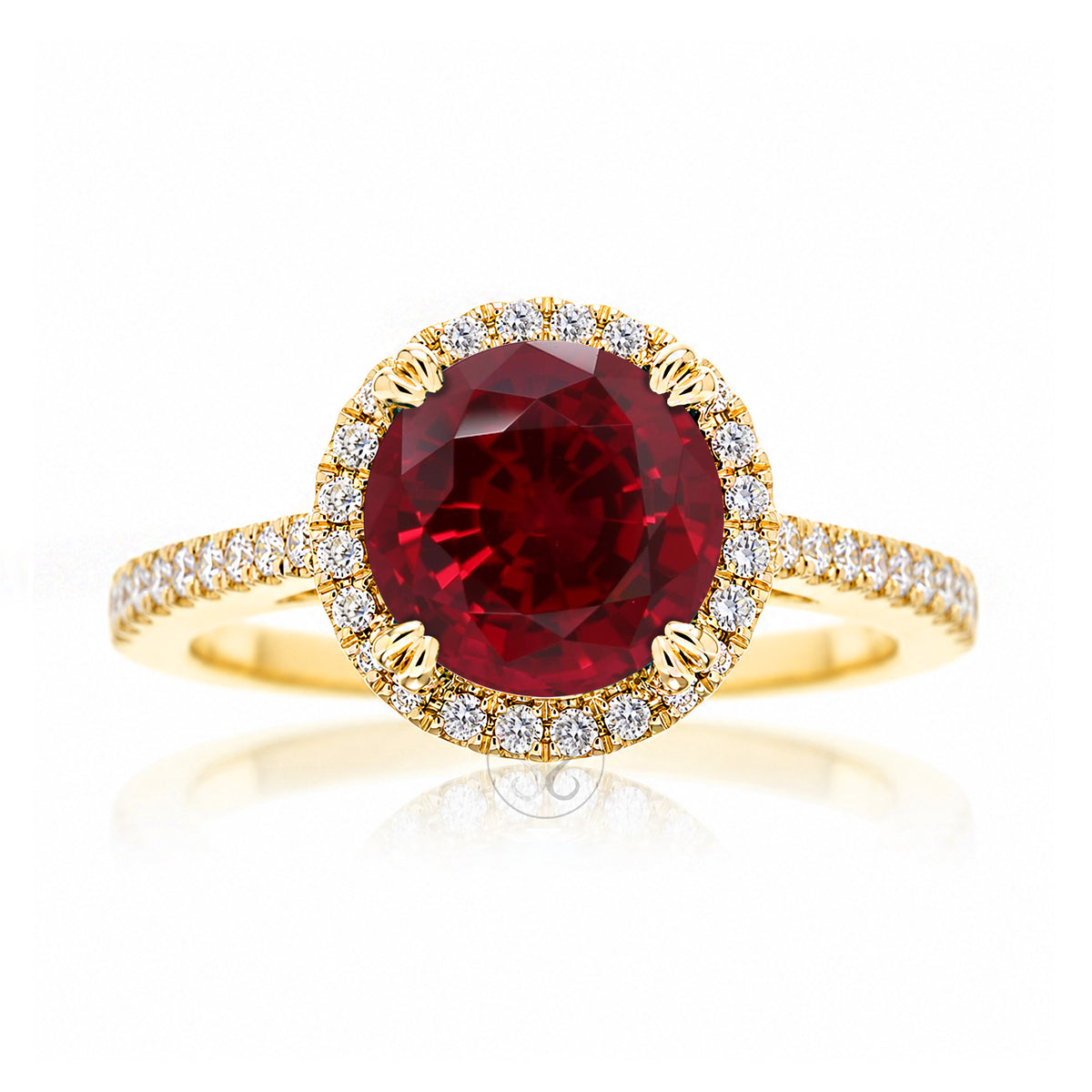 Round ruby diamond halo ring with squarish diamond band yellow gold
