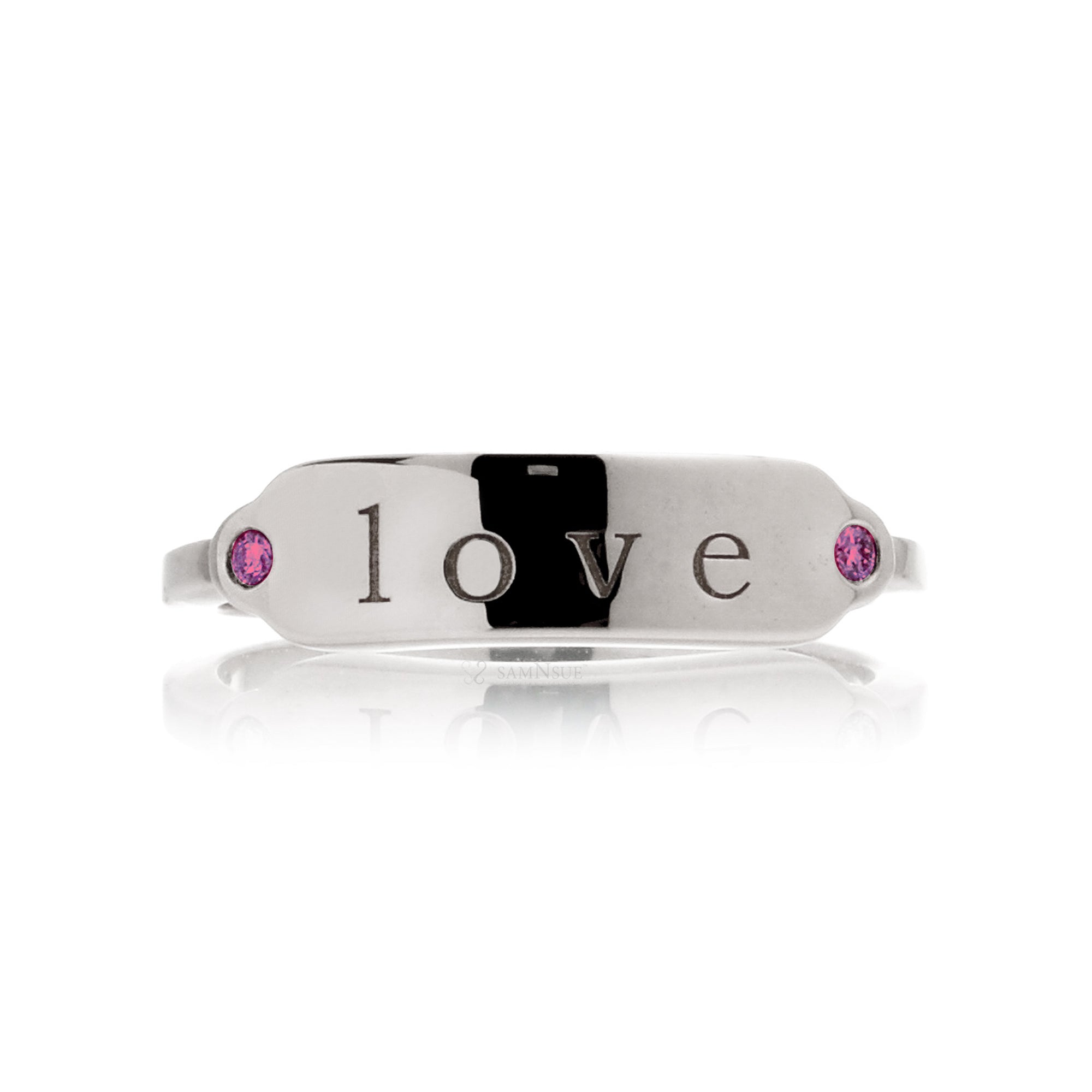 Signet engravable ring with pink tourmaline on white gold