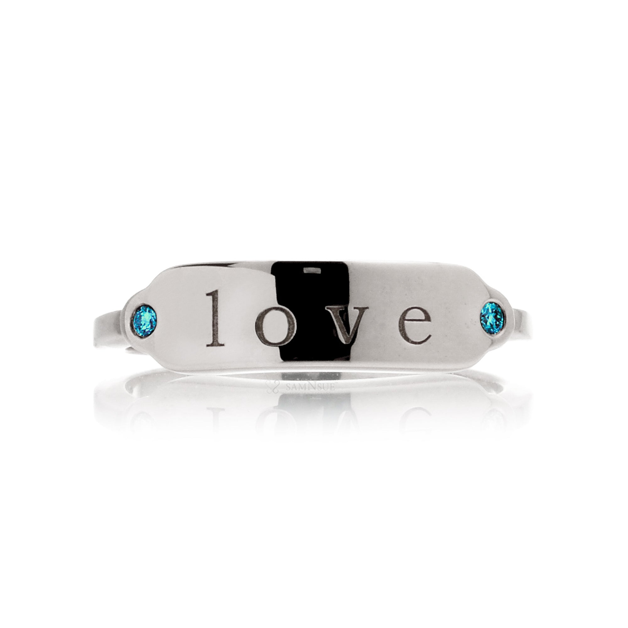 Signet engravable ring with blue zircon on white gold