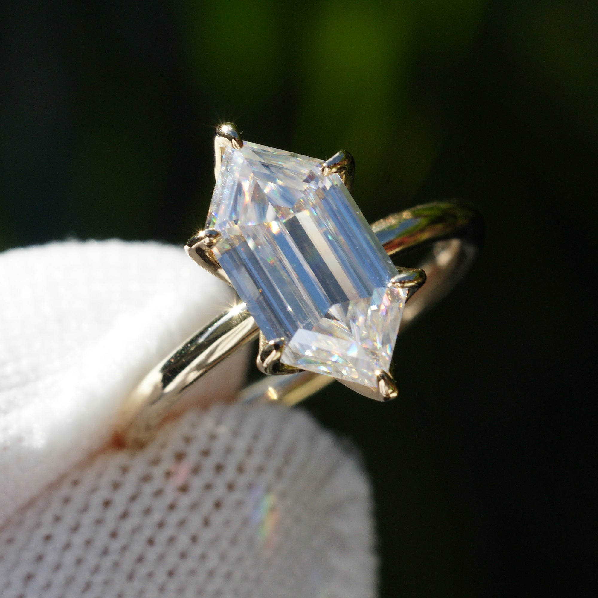 Solitaire moissanite hexagon kite cut yellow gold engagement ring