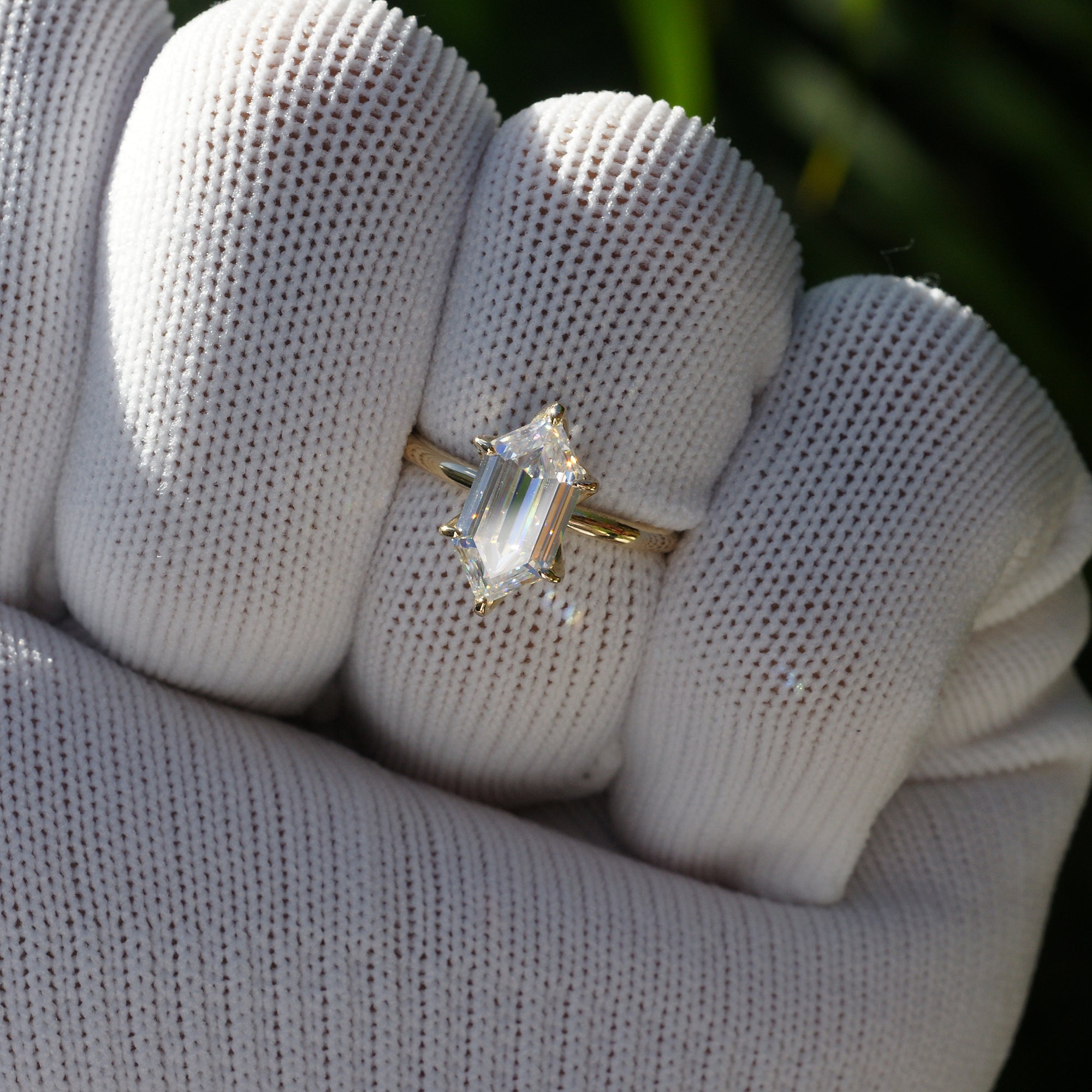 Solitaire moissanite hexagon kite cut yellow gold engagement ring