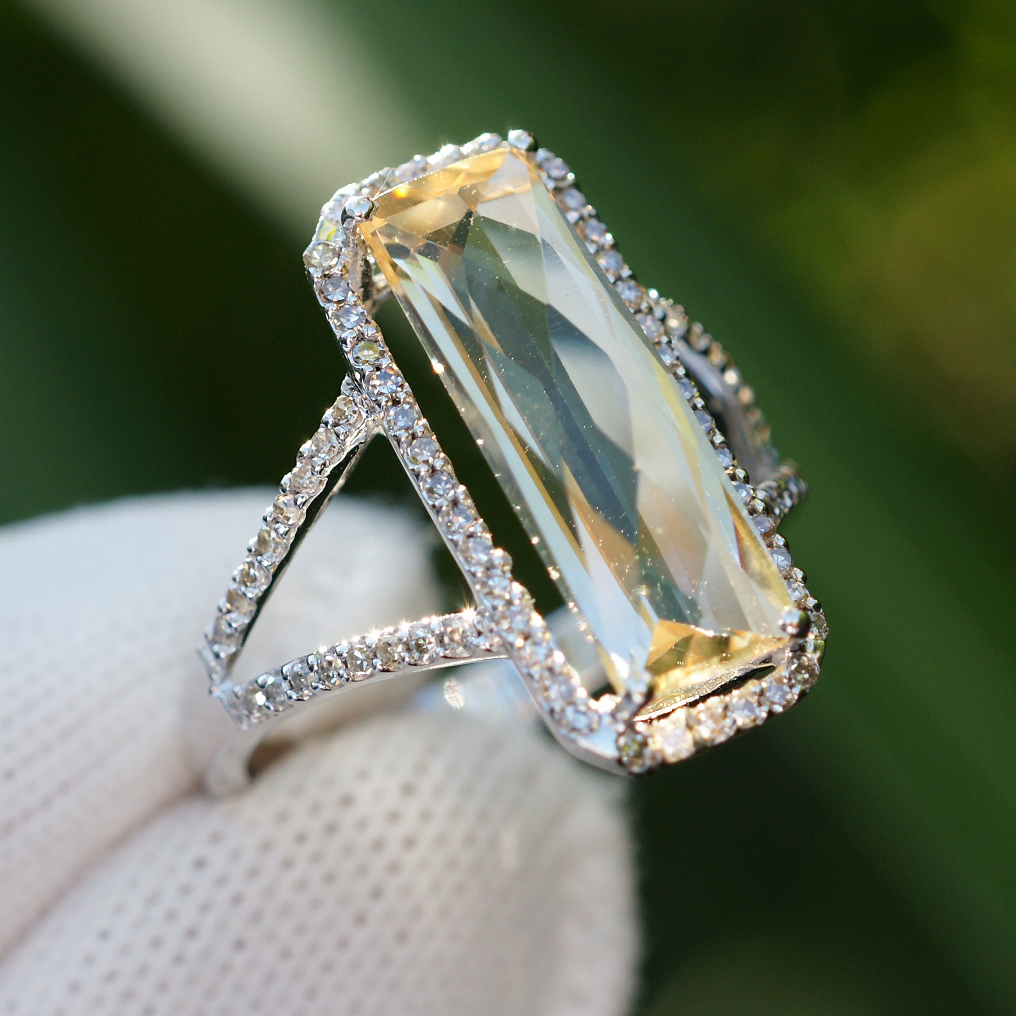 Split Band Citrine Diamond Halo Ring