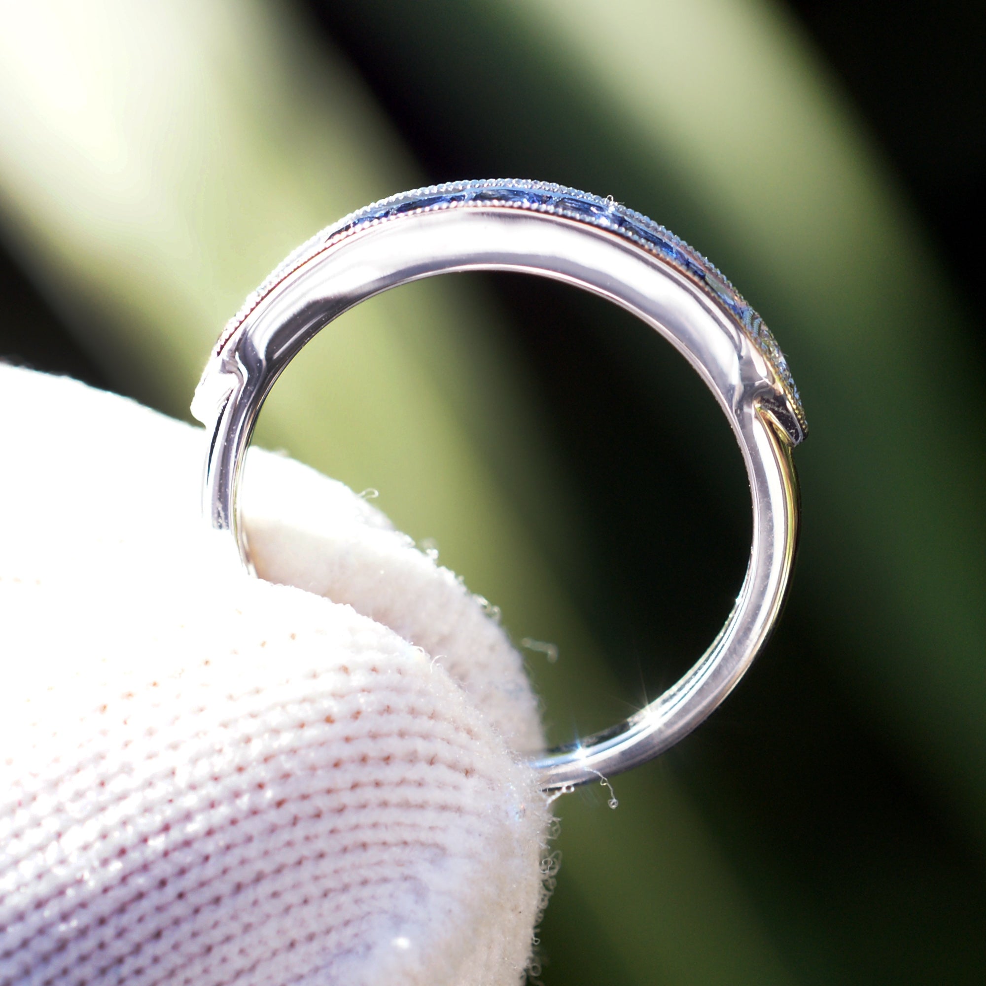 Channel set blue sapphire wedding anniversary band vintage style white gold