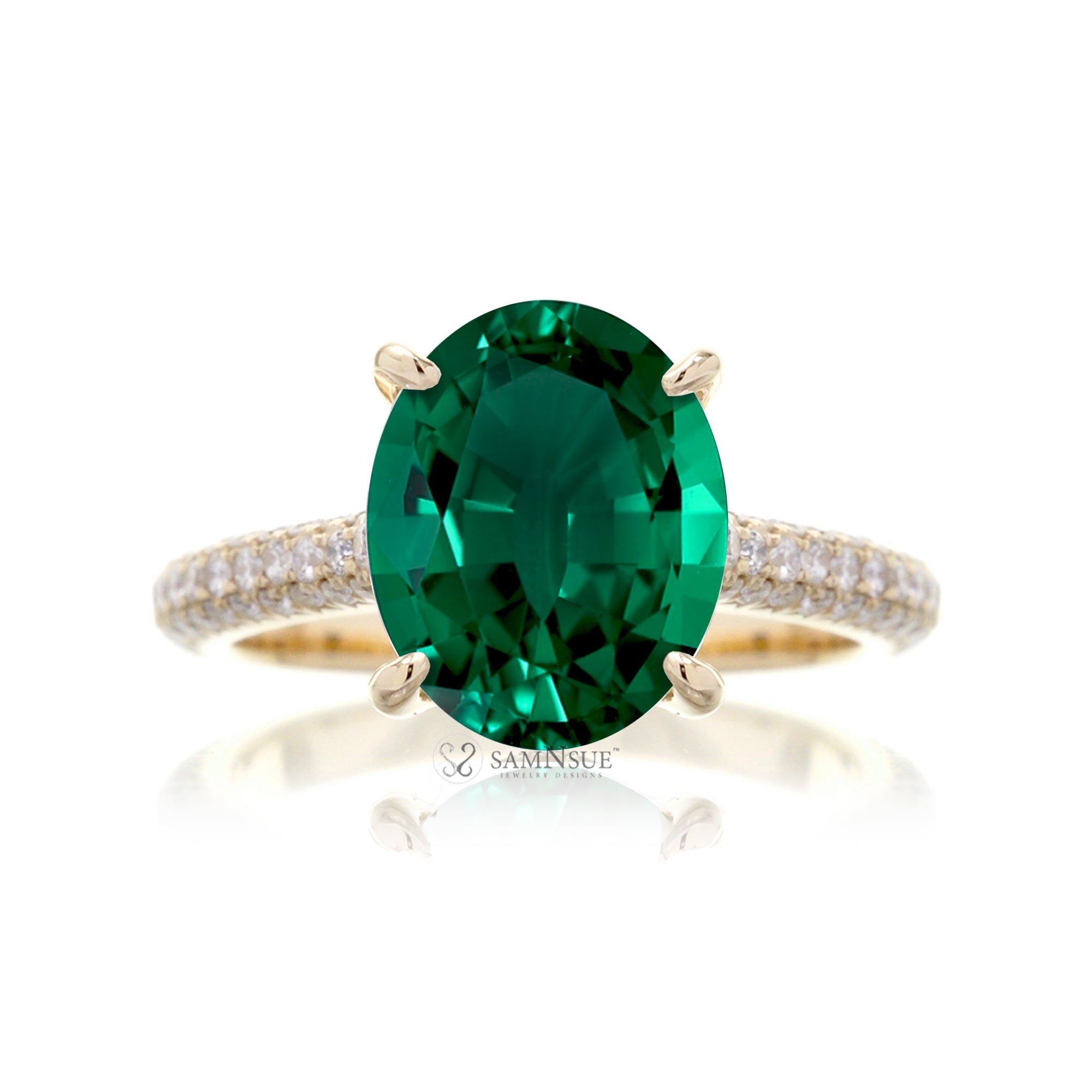 Oval Cut Emerald Ring with Diamond Accents in Rose, White, or Yellow Gold