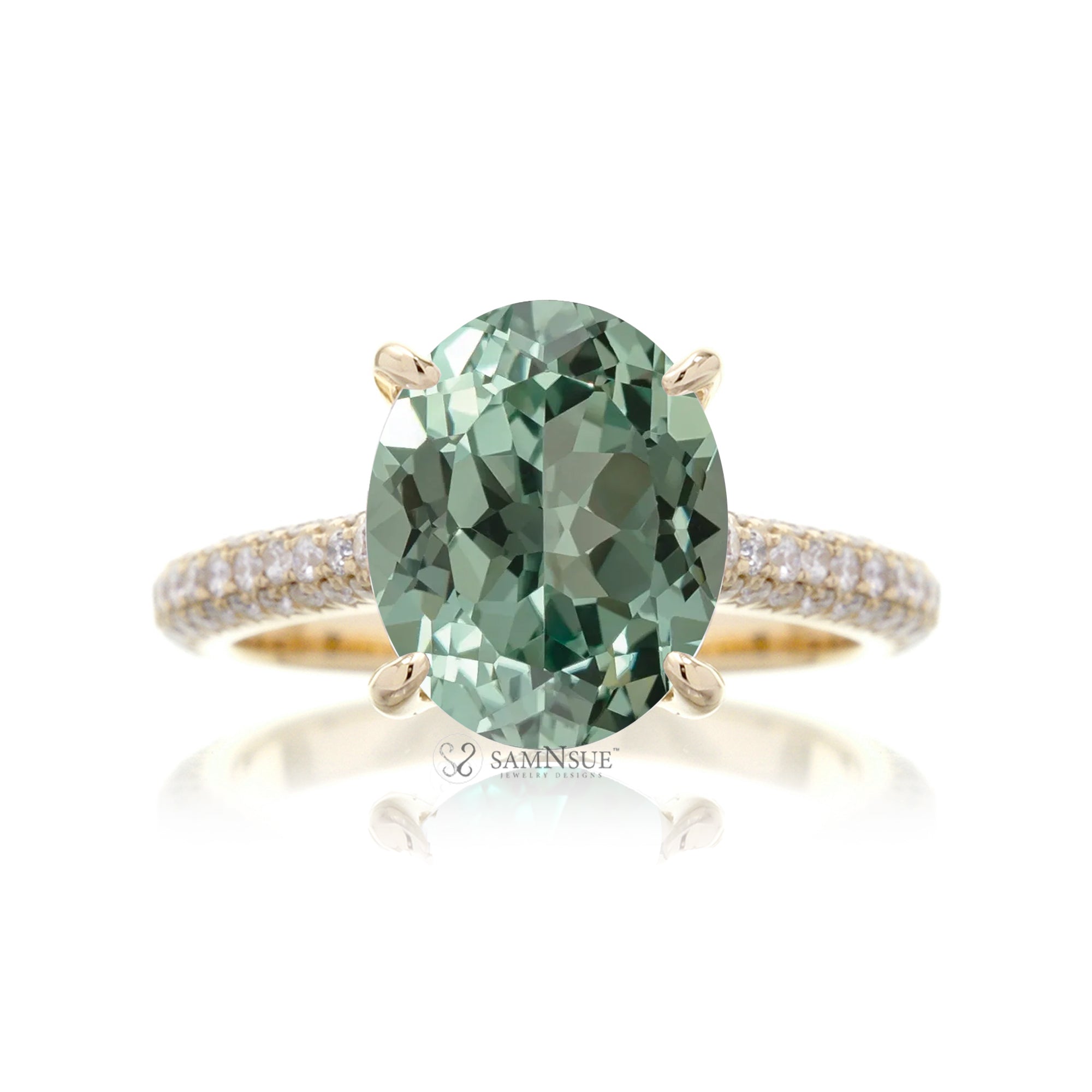 Oval Green Sapphire Engagement Ring with Triple Diamond Band in Platinum or Gold
