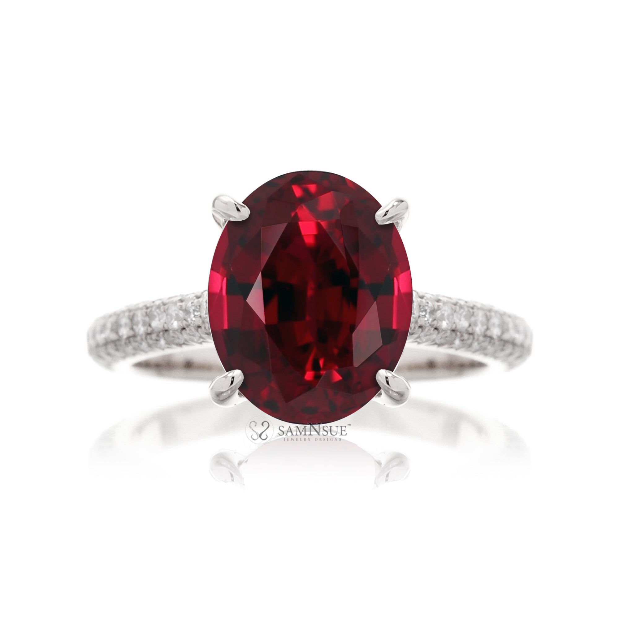 Ruby and Diamond Ring – Oval Cut with Three-Row Diamond Shank

