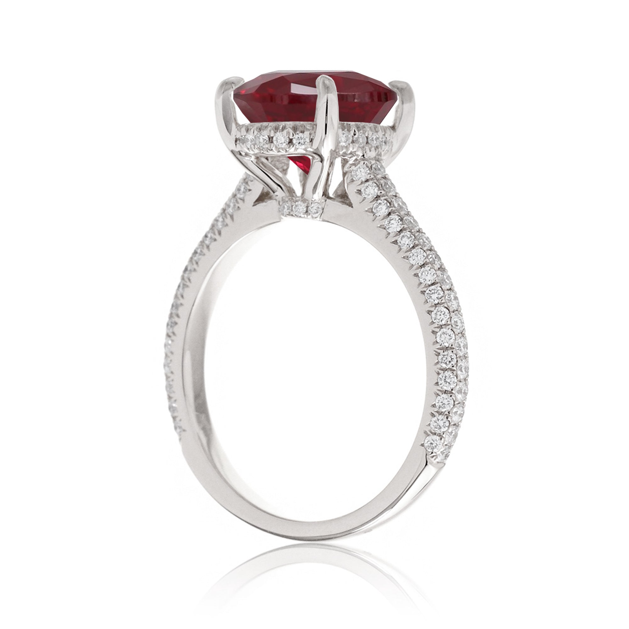 Ruby and Diamond Ring – Oval Cut with Three-Row Diamond Shank

