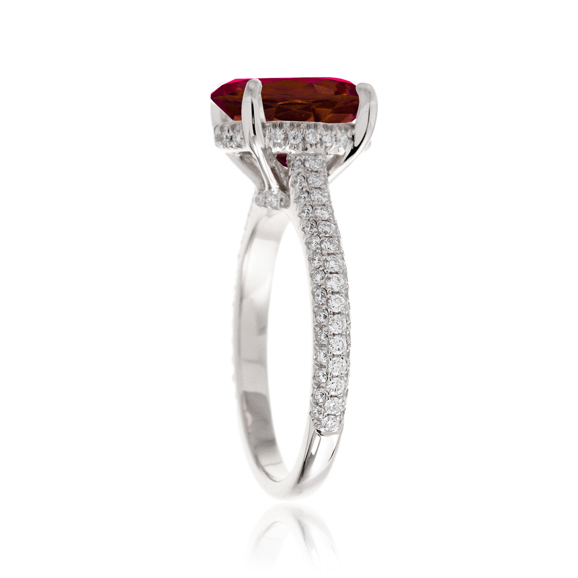 Ruby and Diamond Ring – Oval Cut with Three-Row Diamond Shank

