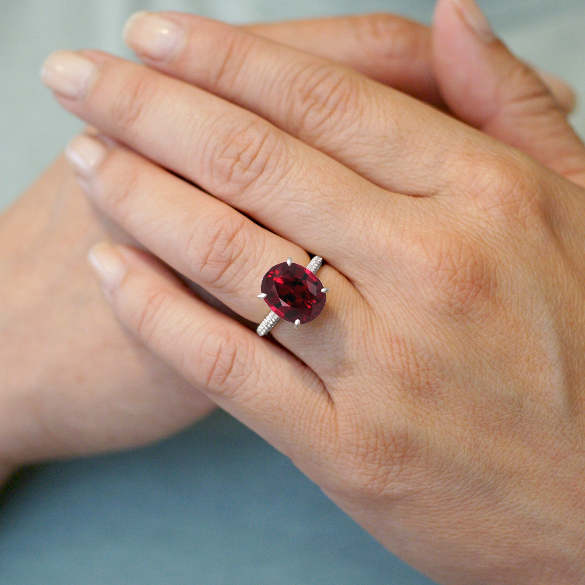 Ruby and Diamond Ring – Oval Cut with Three-Row Diamond Shank

