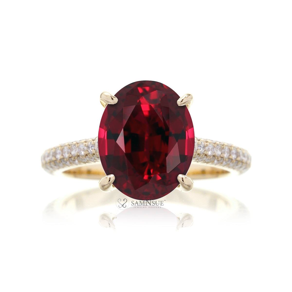 Oval Ruby Engagement Ring | Diamond 3-Row Band in Platinum or Gold