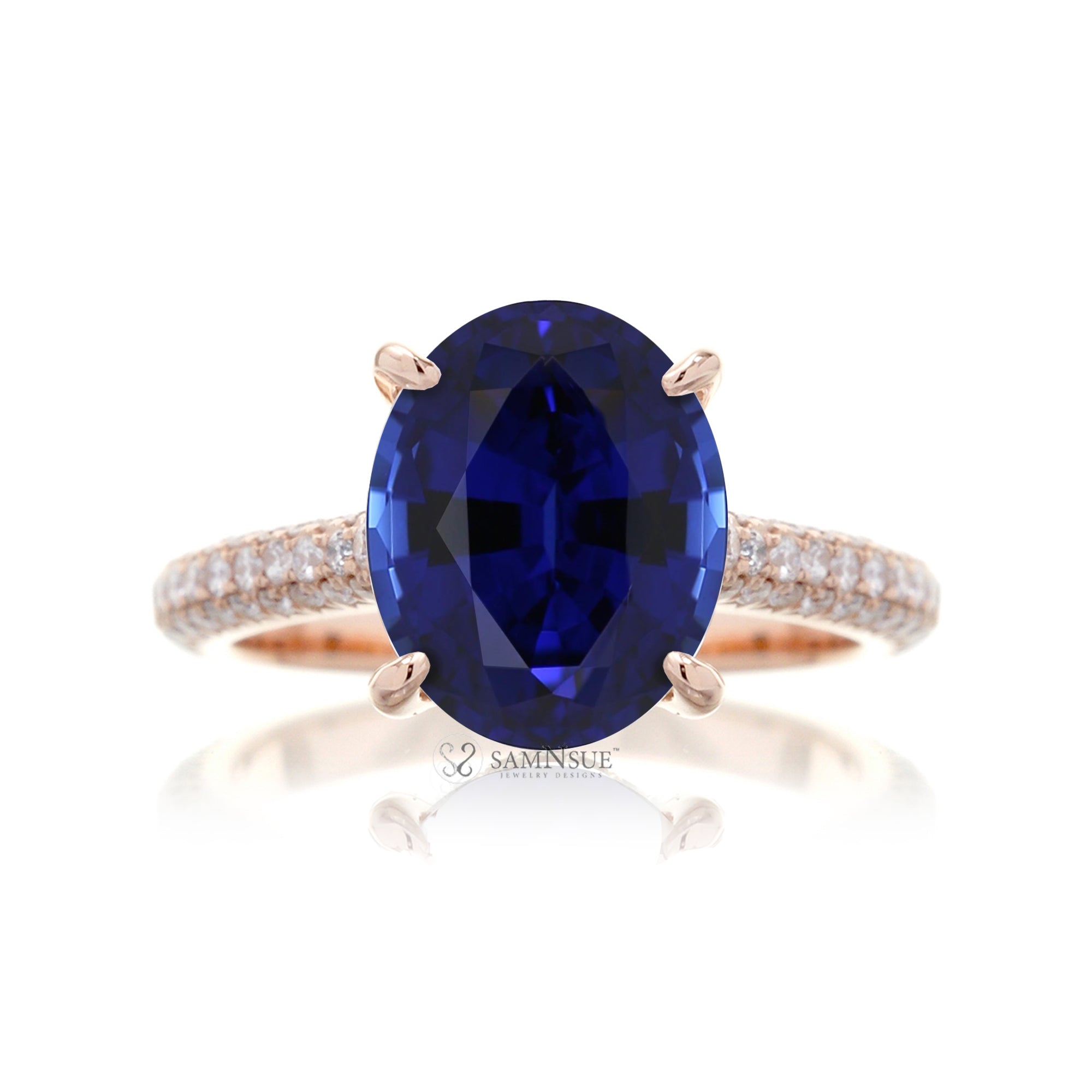 Oval Blue Sapphire Engagement Ring with 3-Row Diamond Band – Rose Gold