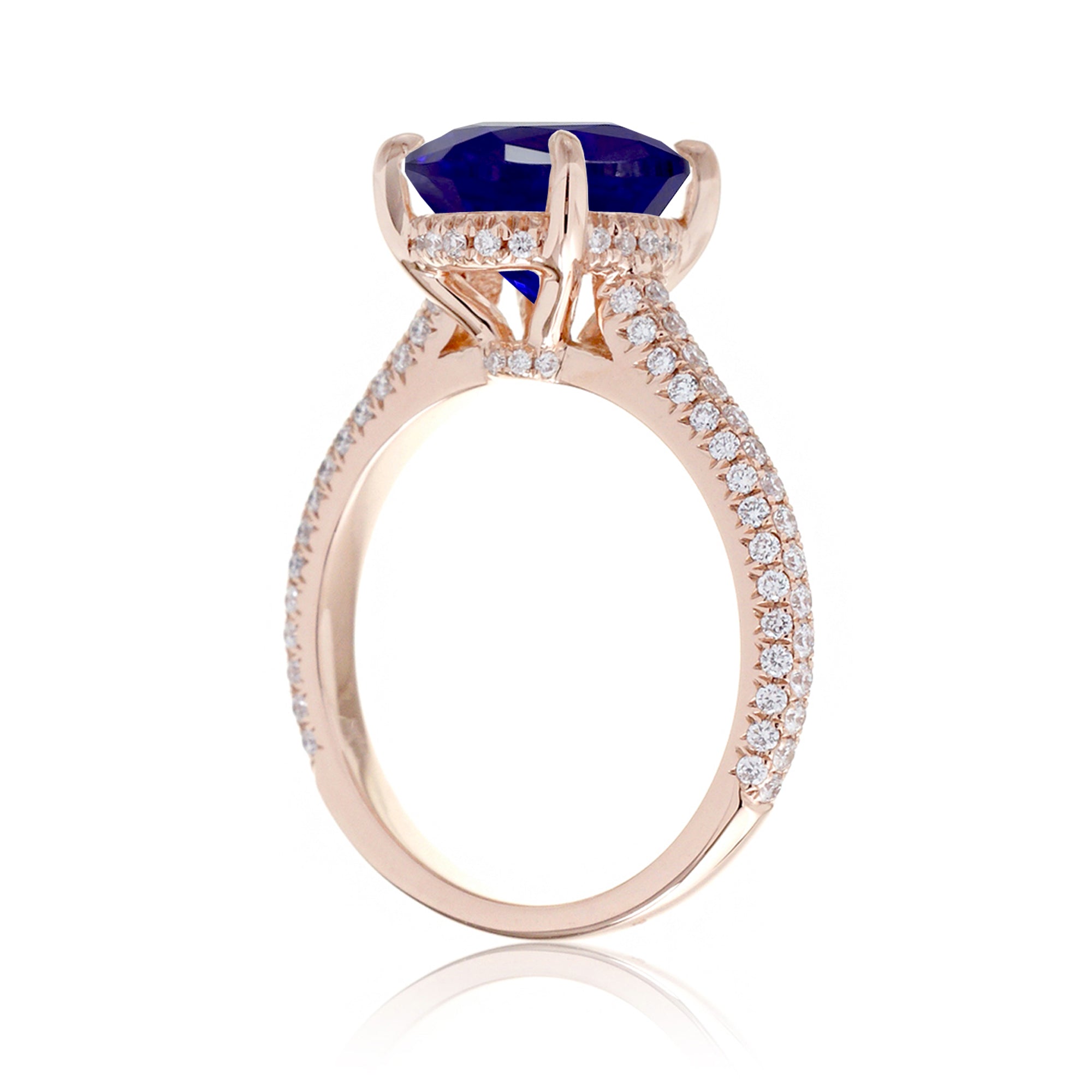 Oval Blue Sapphire Engagement Ring with 3-Row Diamond Band – Rose Gold