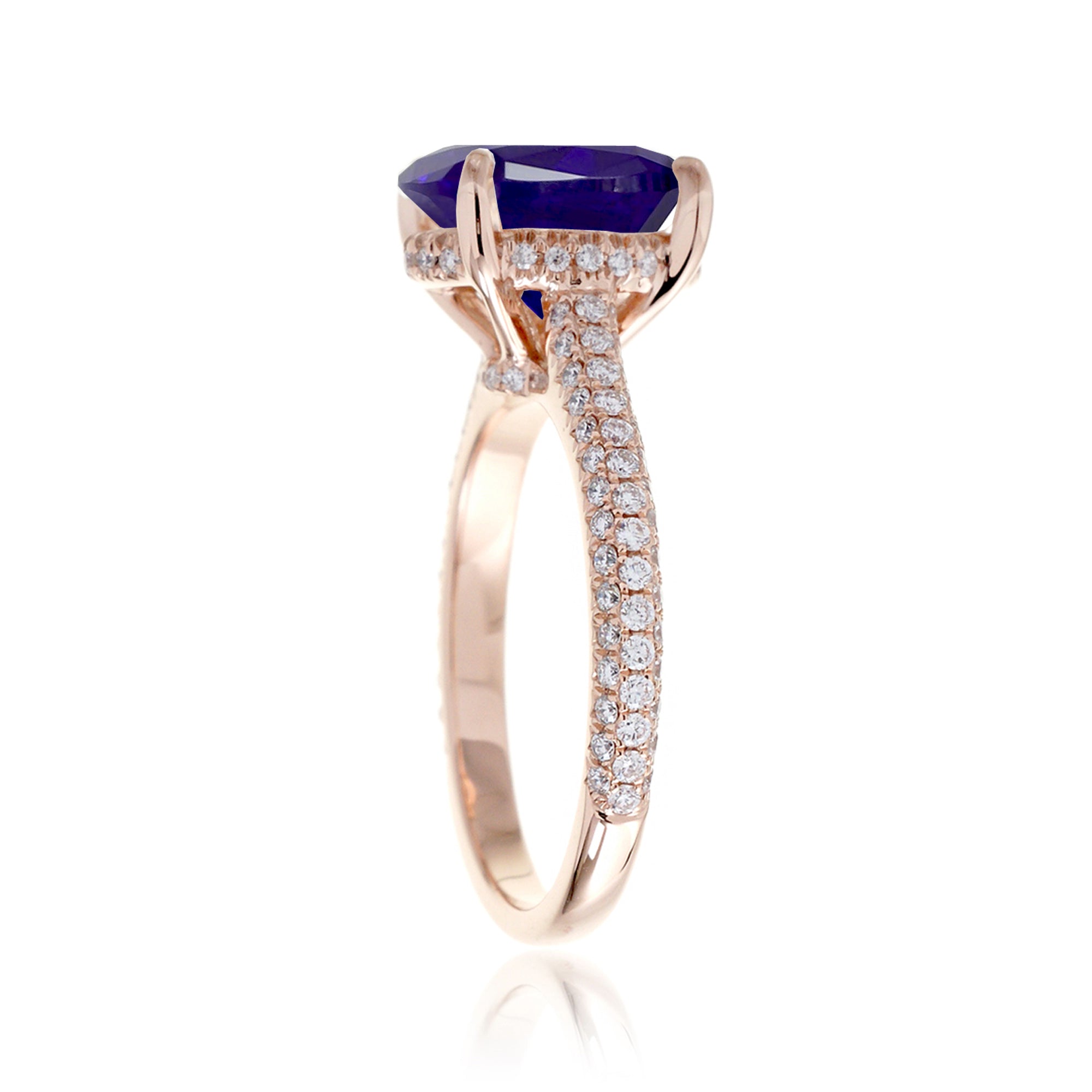 Oval Blue Sapphire Engagement Ring with 3-Row Diamond Band – Rose Gold