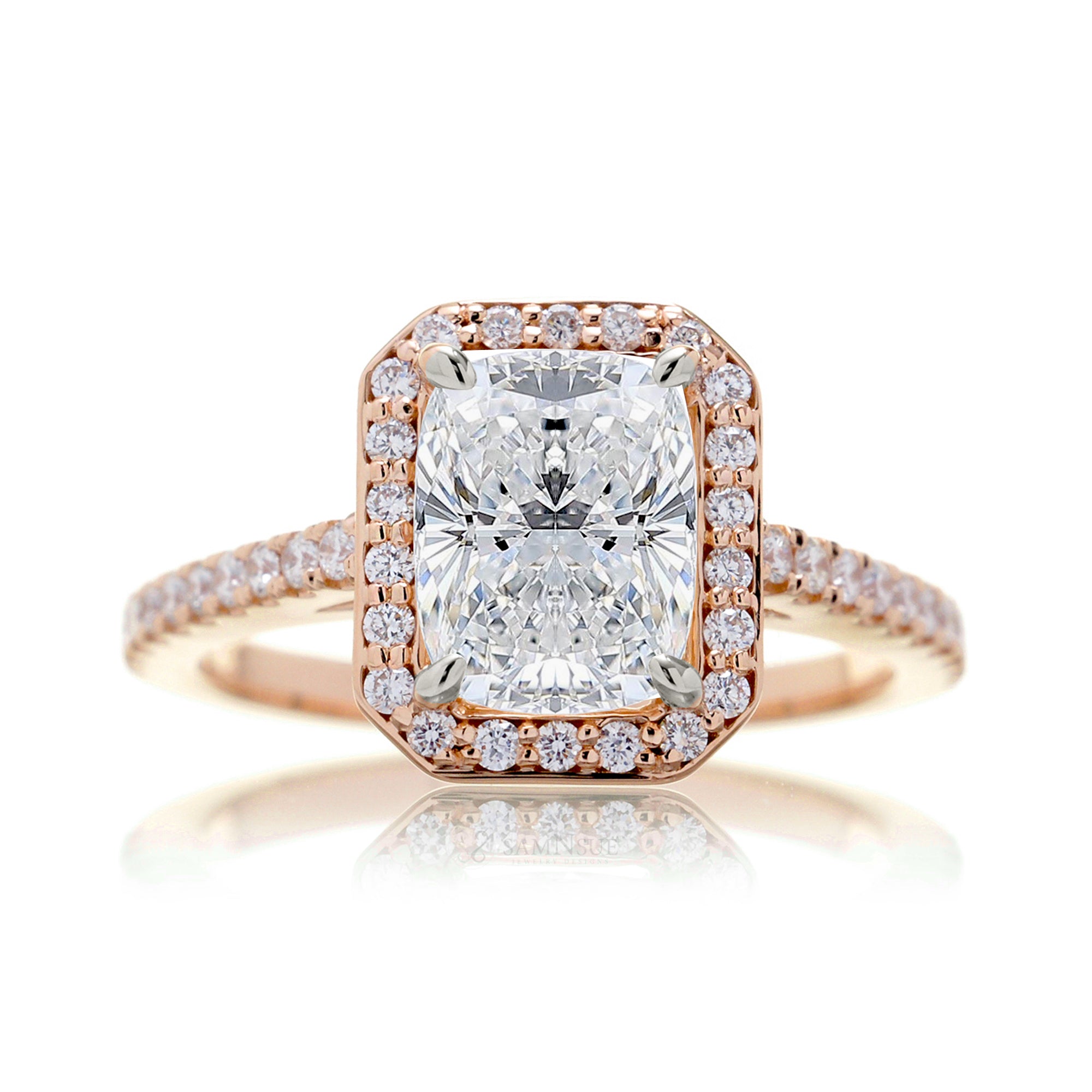 Cushion lab-grown diamond halo cathedral engagement ring - the Steffy rose gold