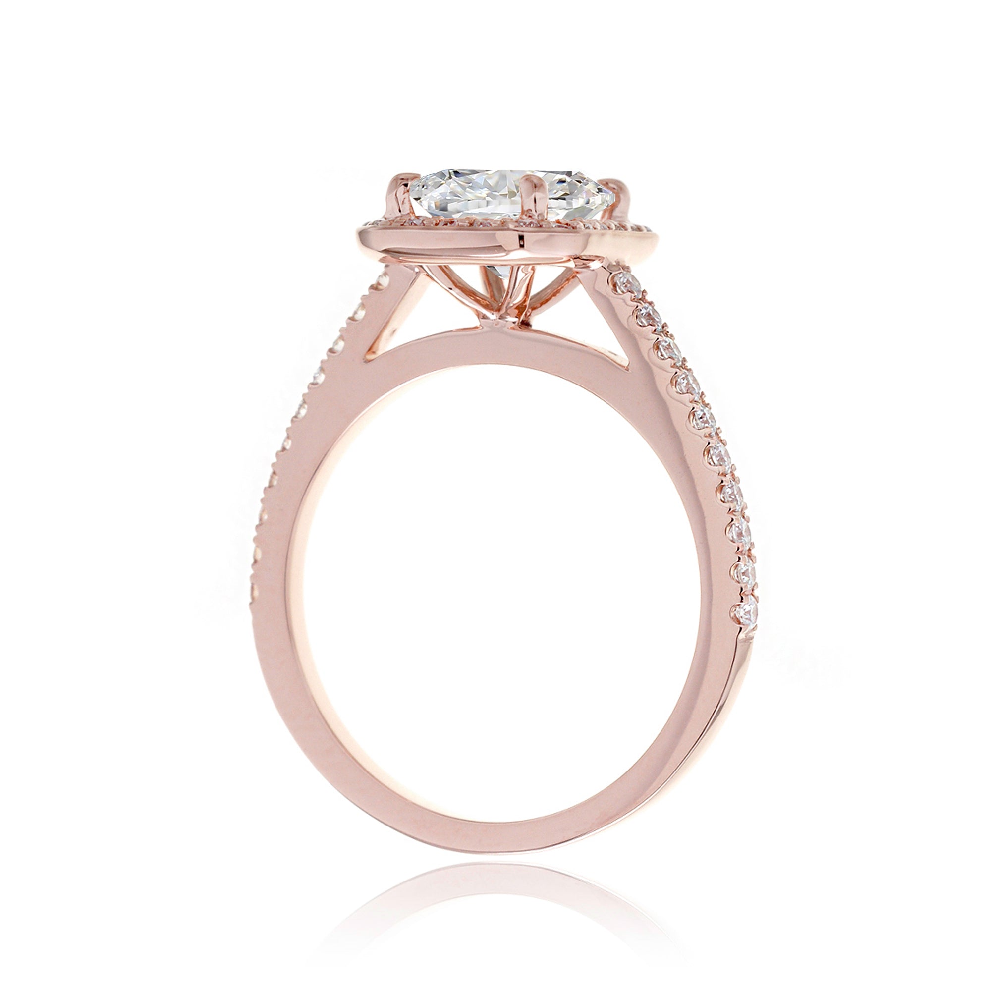 Cushion lab-grown diamond halo cathedral engagement ring - the Steffy rose gold