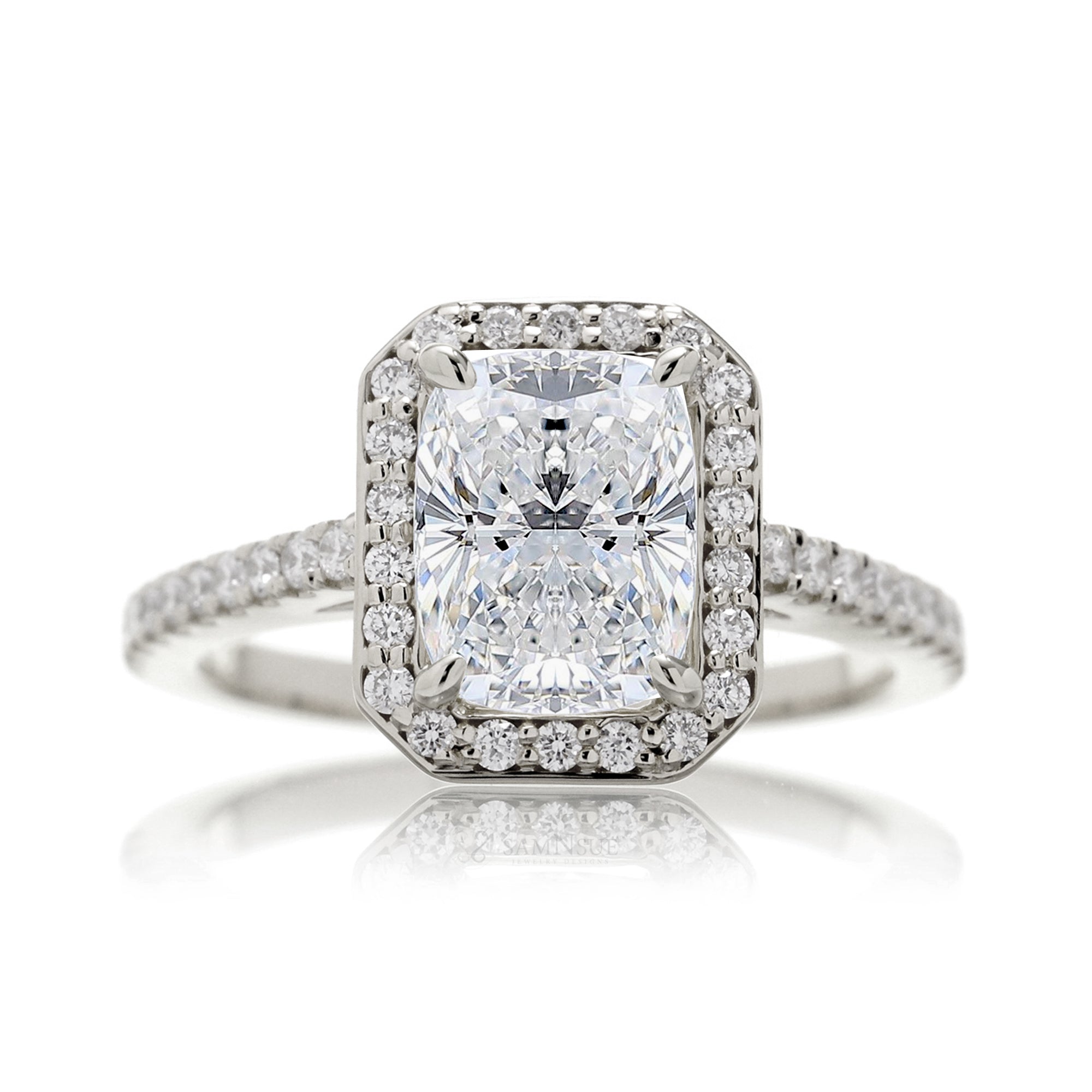 Cushion lab-grown diamond halo cathedral engagement ring - the Steffy white gold