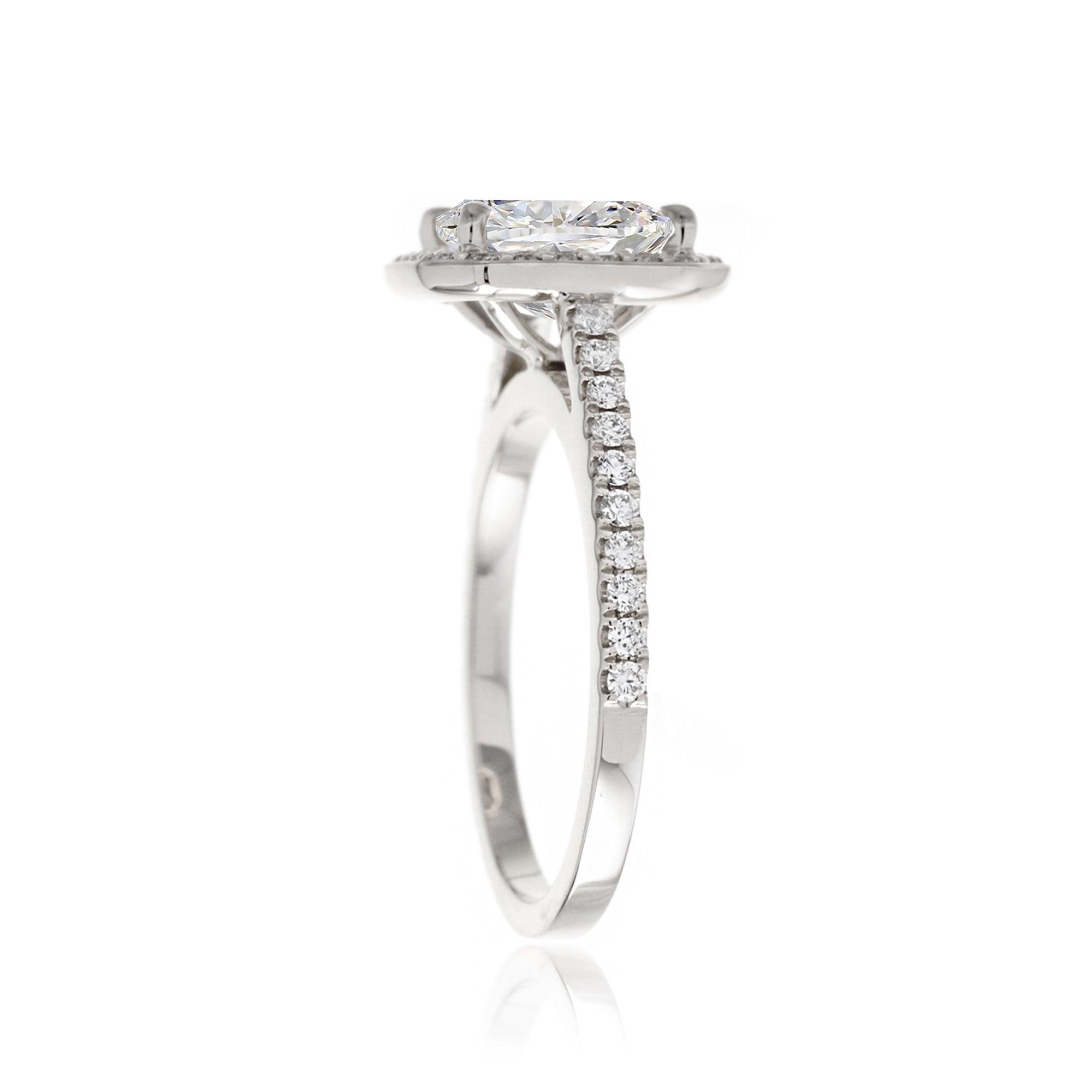 Cushion lab-grown diamond halo cathedral engagement ring - the Steffy white gold