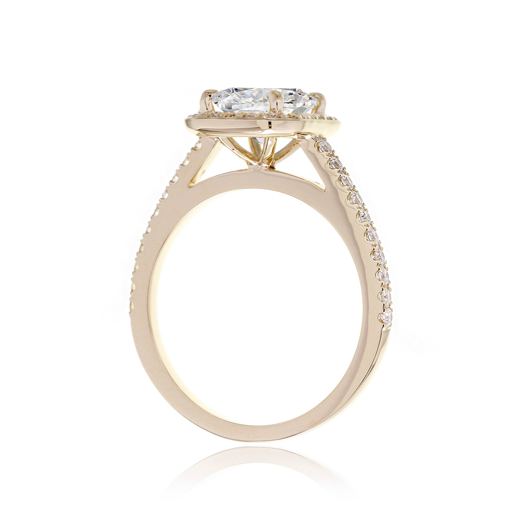 Cushion lab-grown diamond halo cathedral engagement ring - the Steffy yellow gold