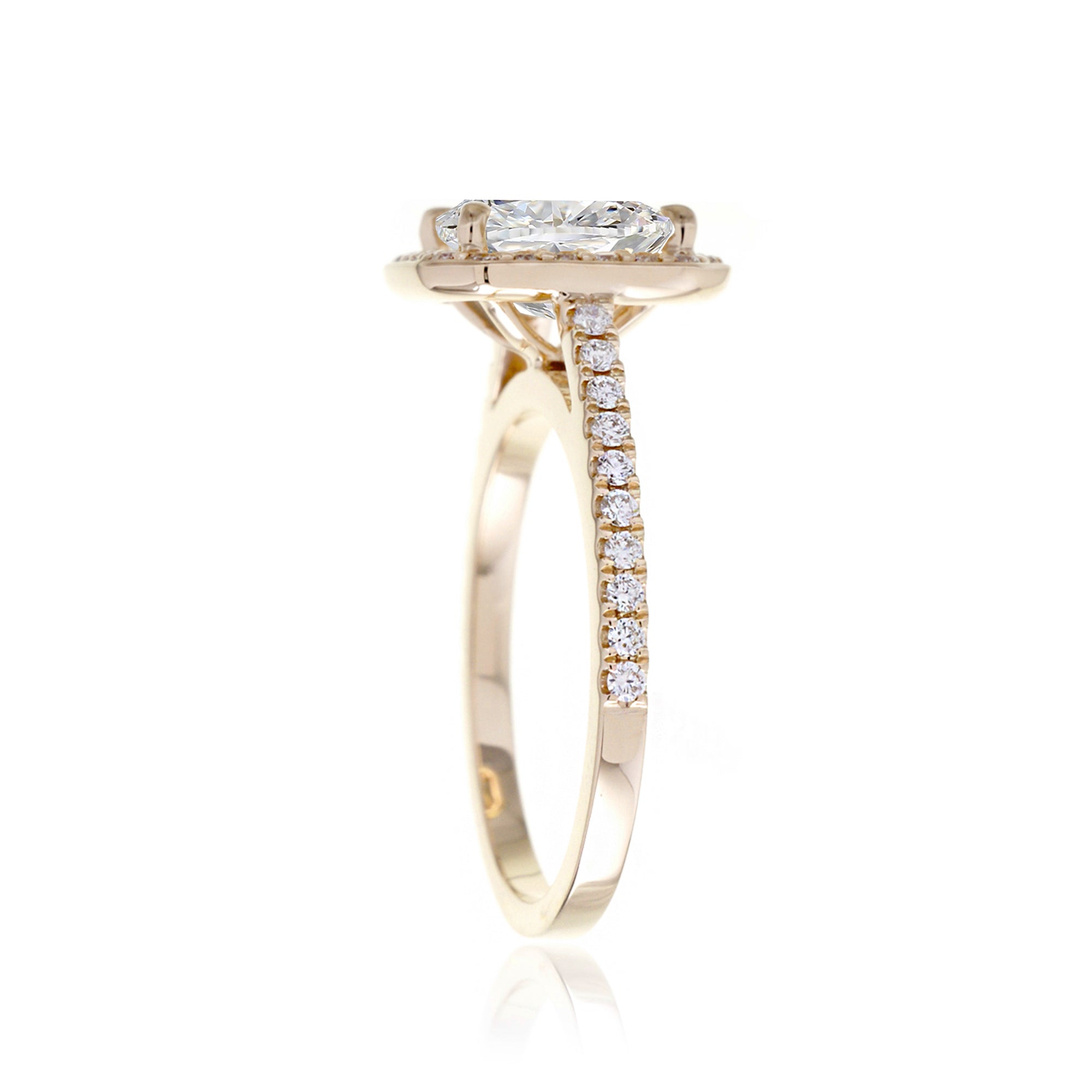 Cushion lab-grown diamond halo cathedral engagement ring - the Steffy yellow gold