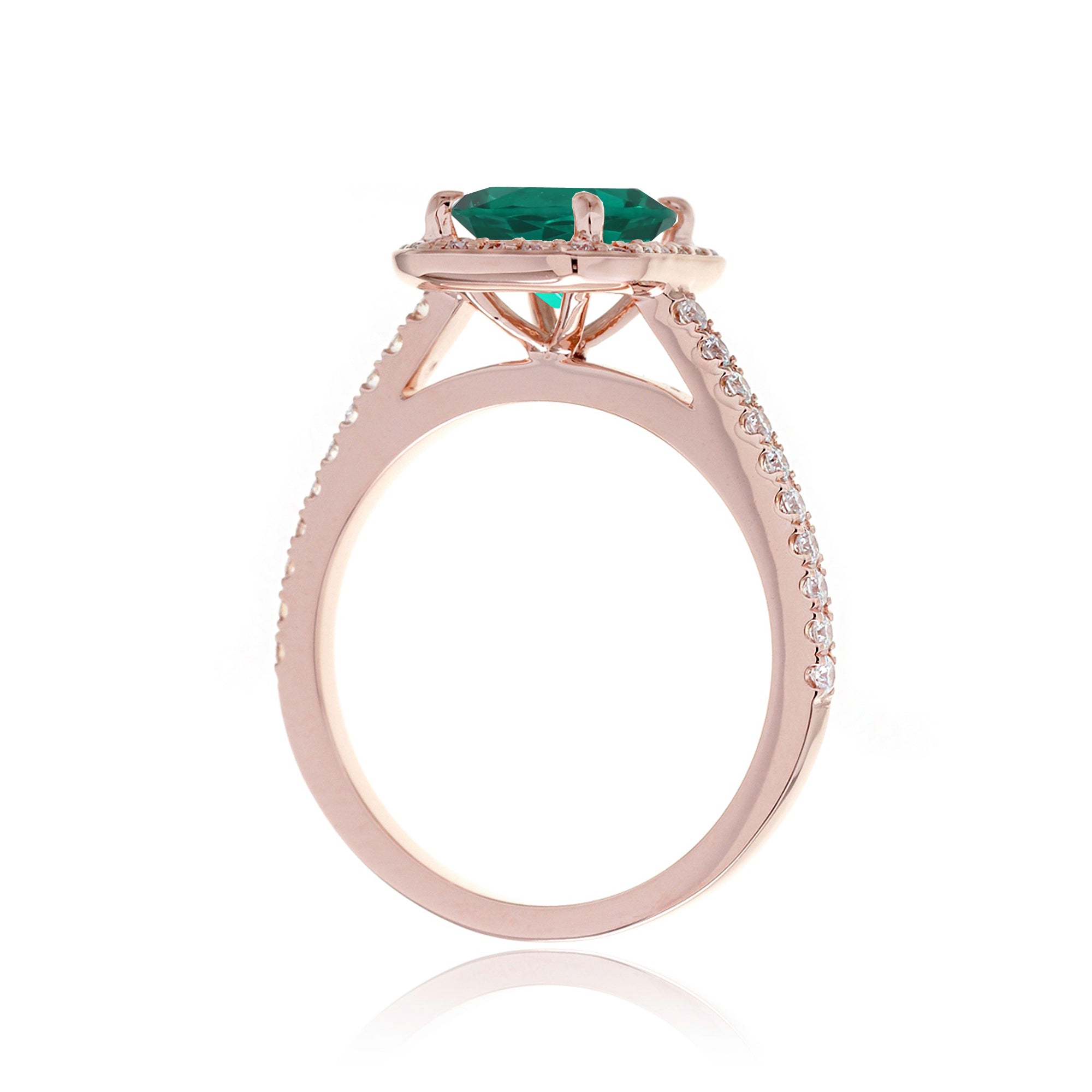 Cushion lab-grown emerald diamond halo cathedral engagement ring - the Steffy rose gold