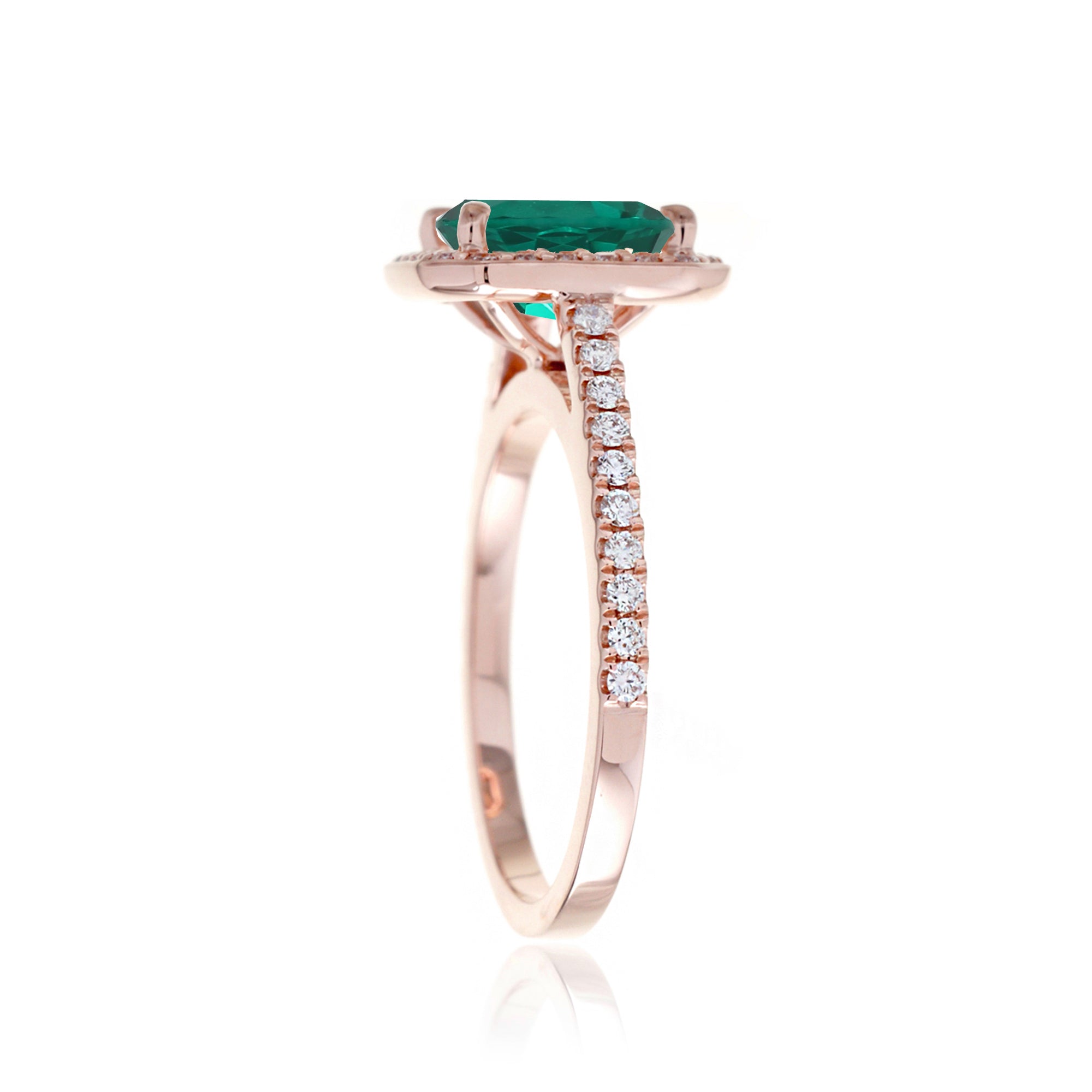 Cushion lab-grown emerald diamond halo cathedral engagement ring - the Steffy rose gold
