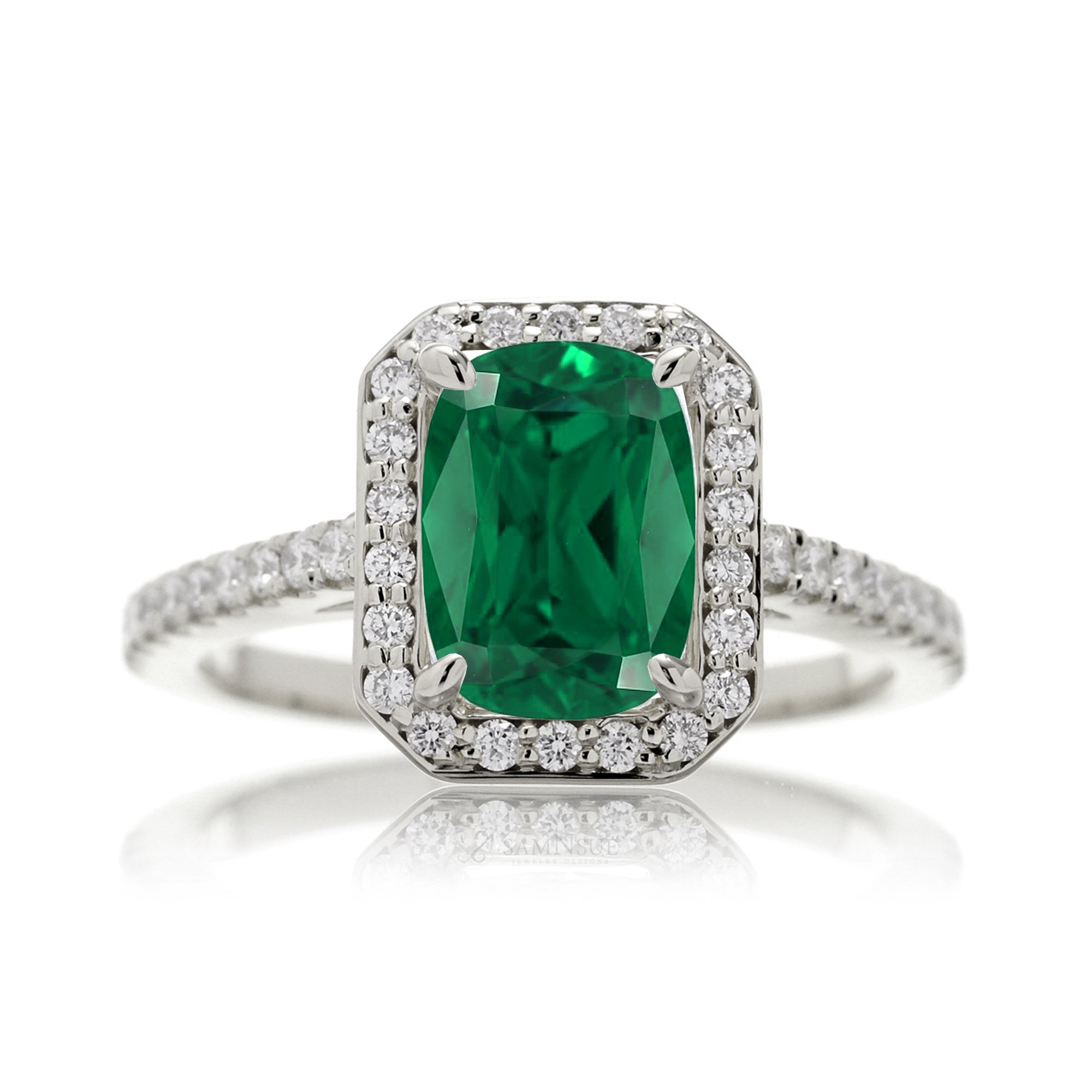 Cushion lab-grown emerald diamond halo cathedral engagement ring - the Steffy white gold