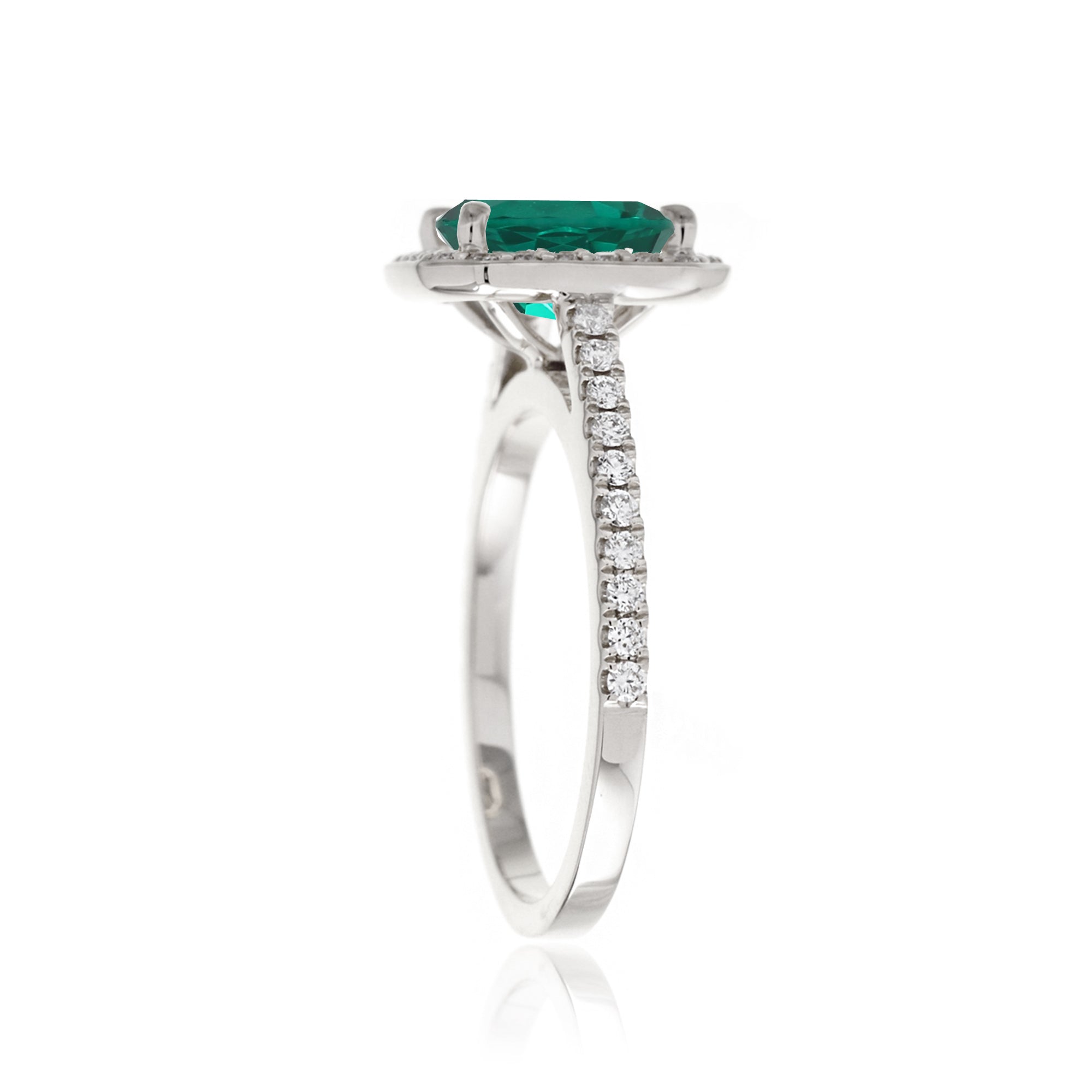 Cushion lab-grown emerald diamond halo cathedral engagement ring - the Steffy white gold