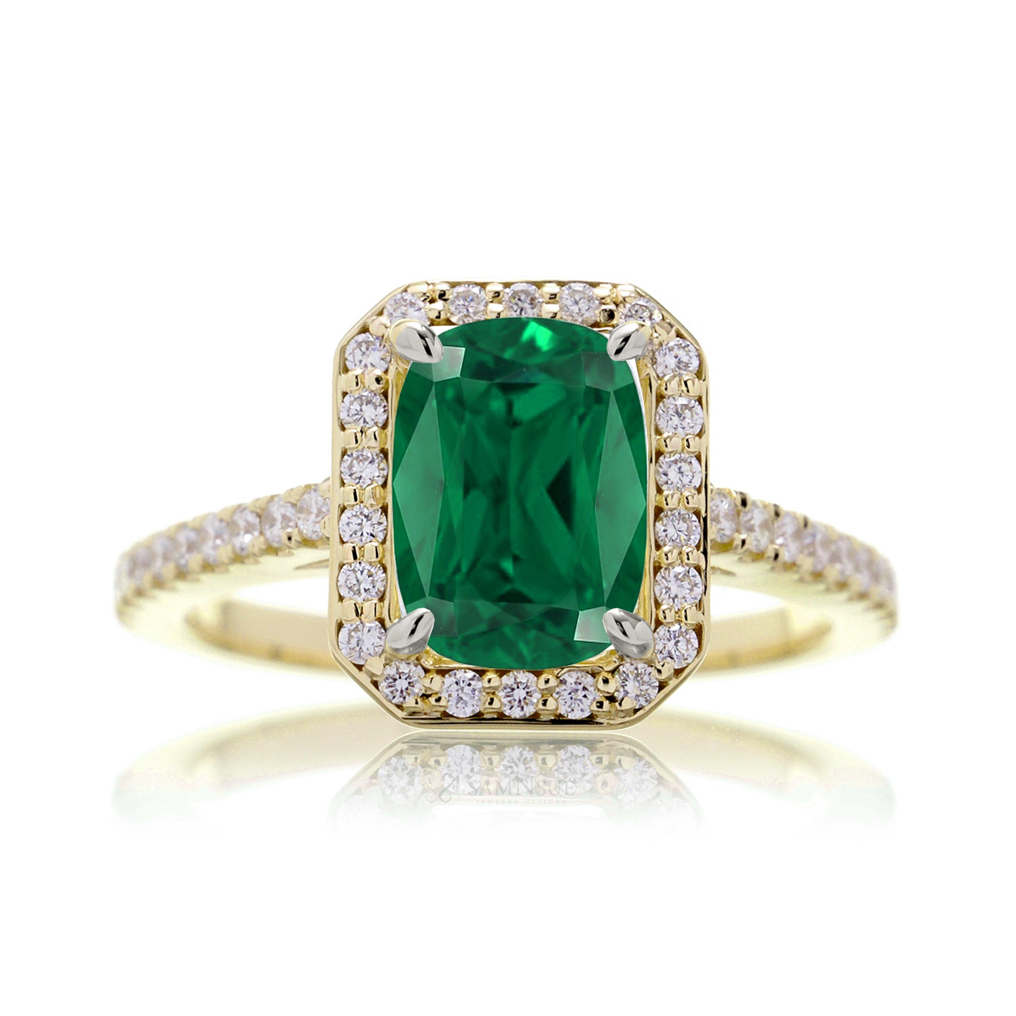 Cushion lab-grown emerald diamond halo cathedral engagement ring - the Steffy yellow gold