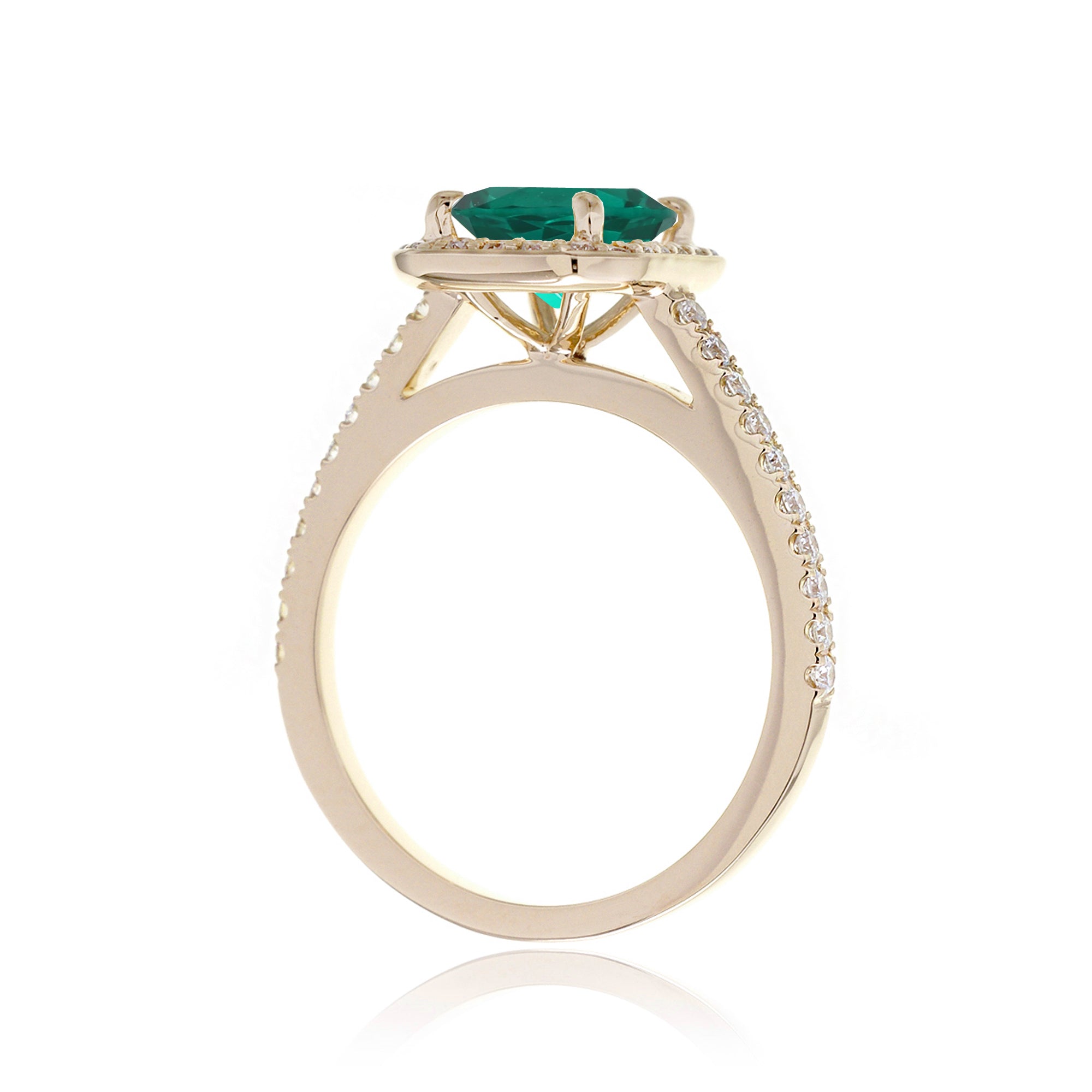 Cushion lab-grown emerald diamond halo cathedral engagement ring - the Steffy yellow gold
