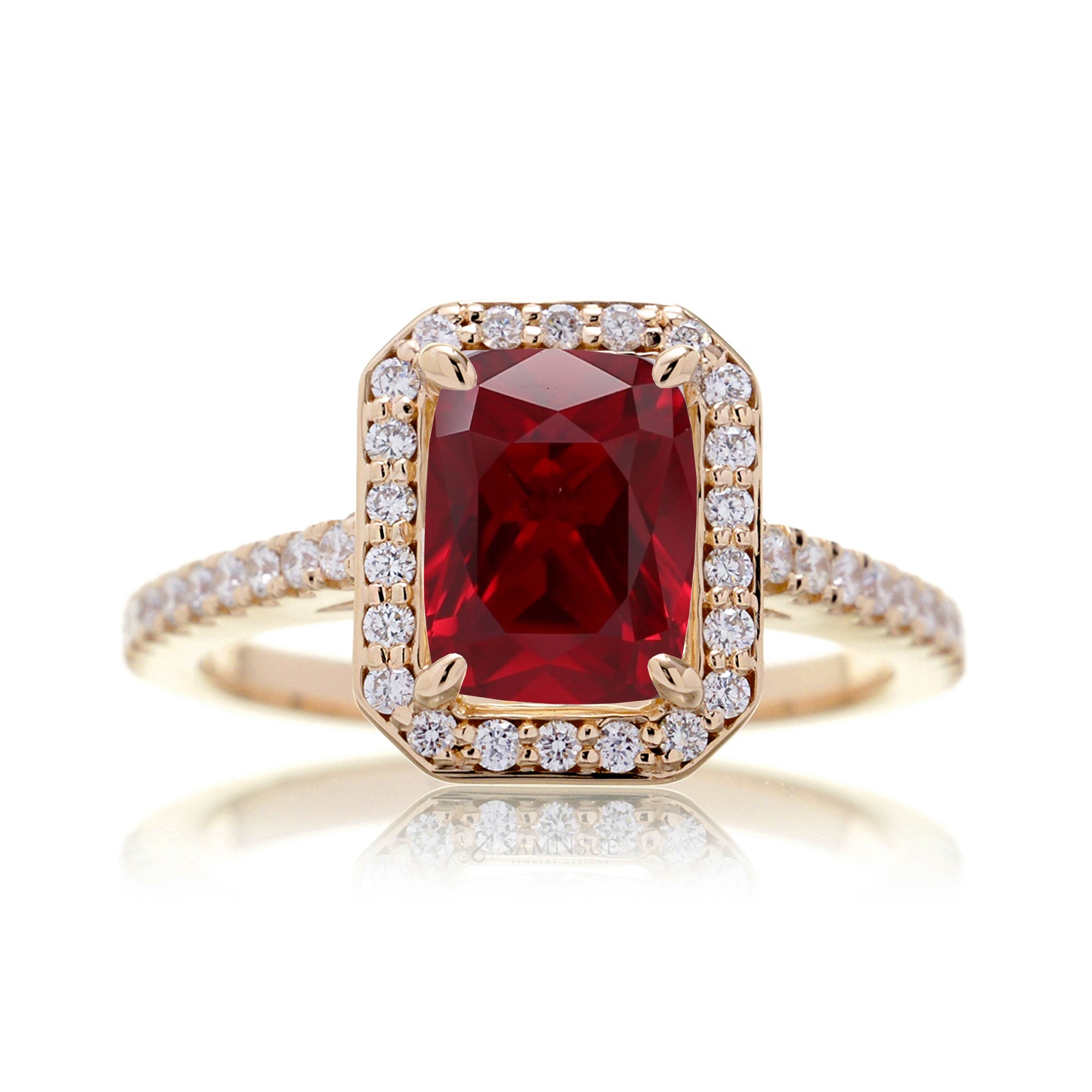 Cushion lab-grown ruby diamond halo cathedral engagement ring - the Steffy rose gold