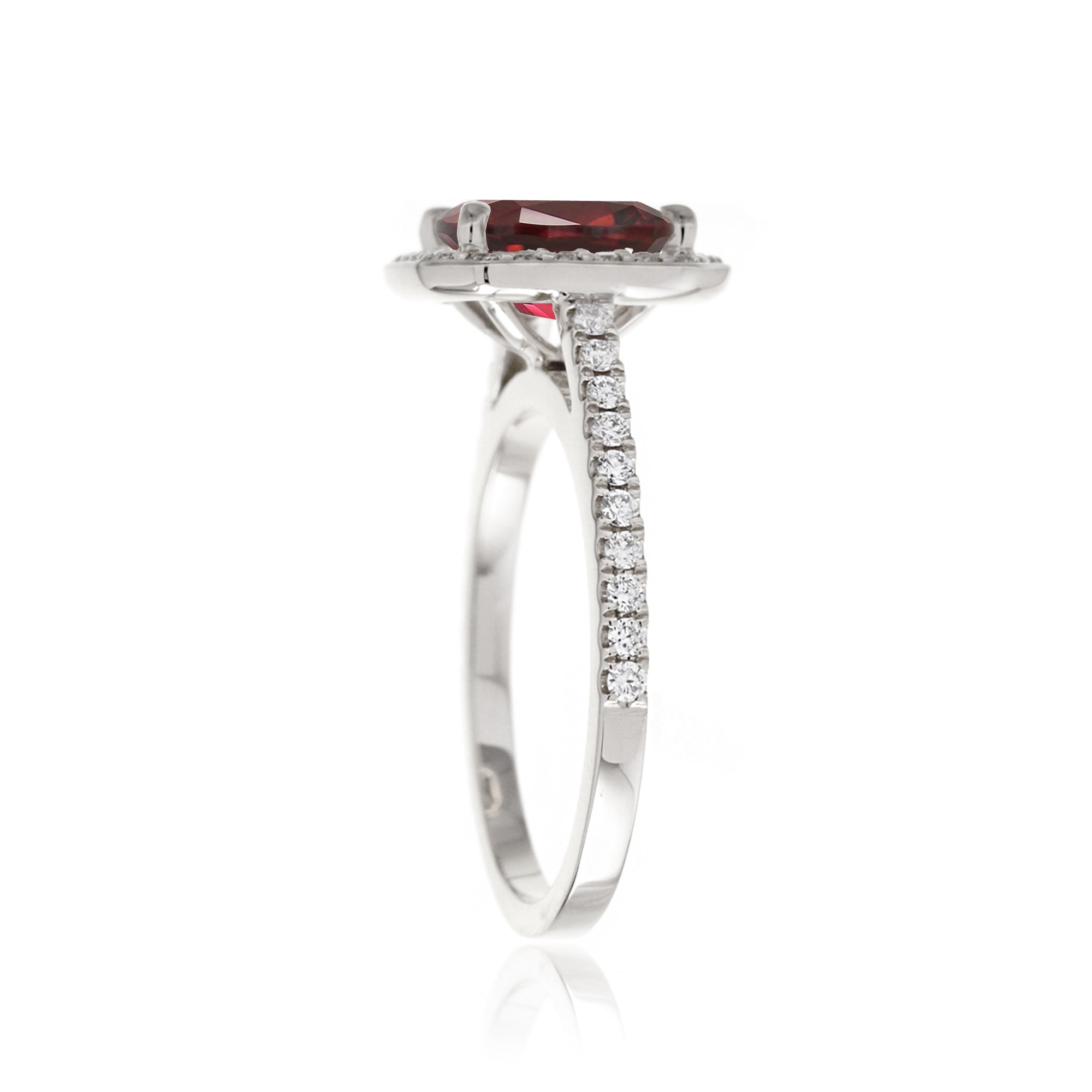 Cushion lab-grown ruby diamond halo cathedral engagement ring - the Steffy white gold