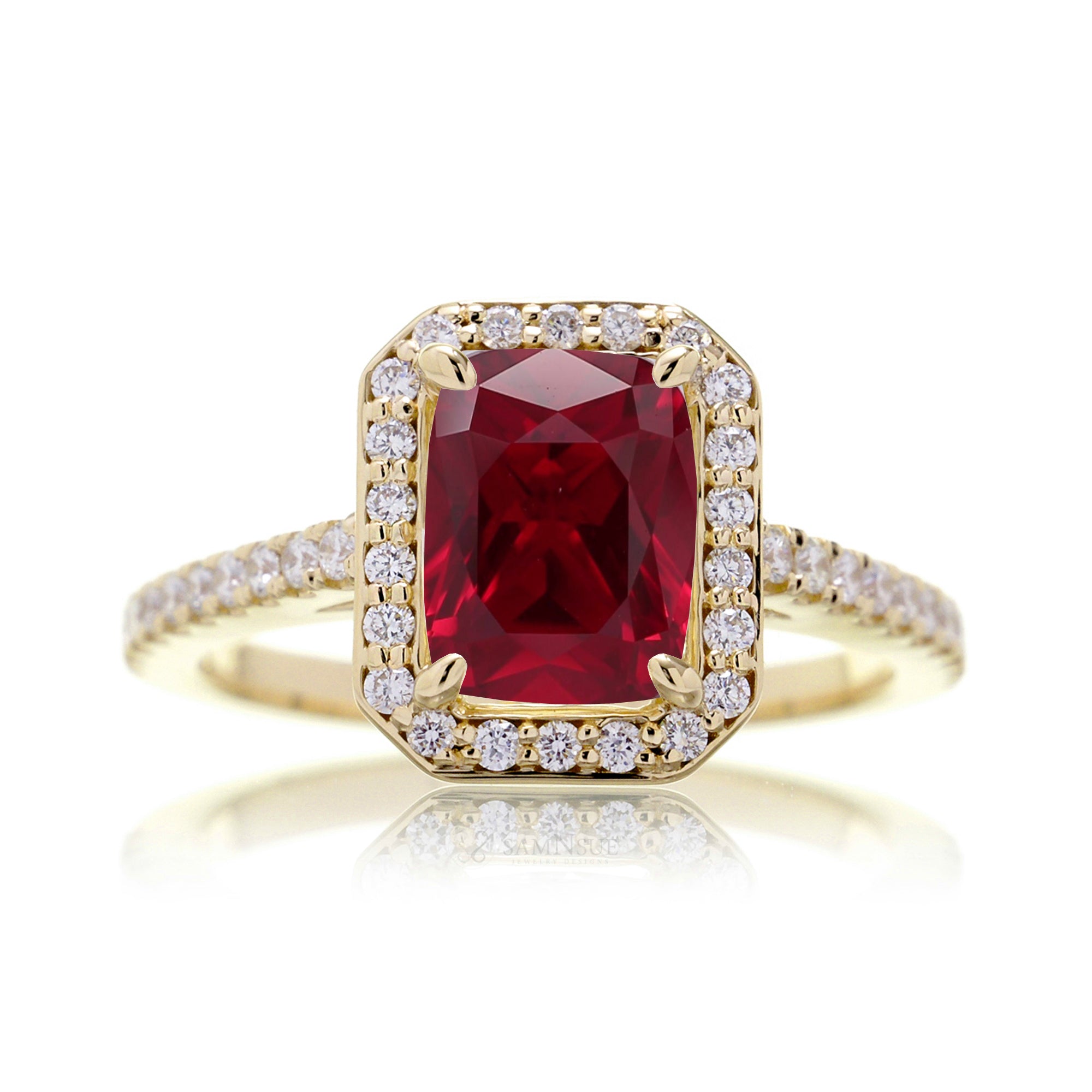 Cushion lab-grown ruby diamond halo cathedral engagement ring - the Steffy yellow gold