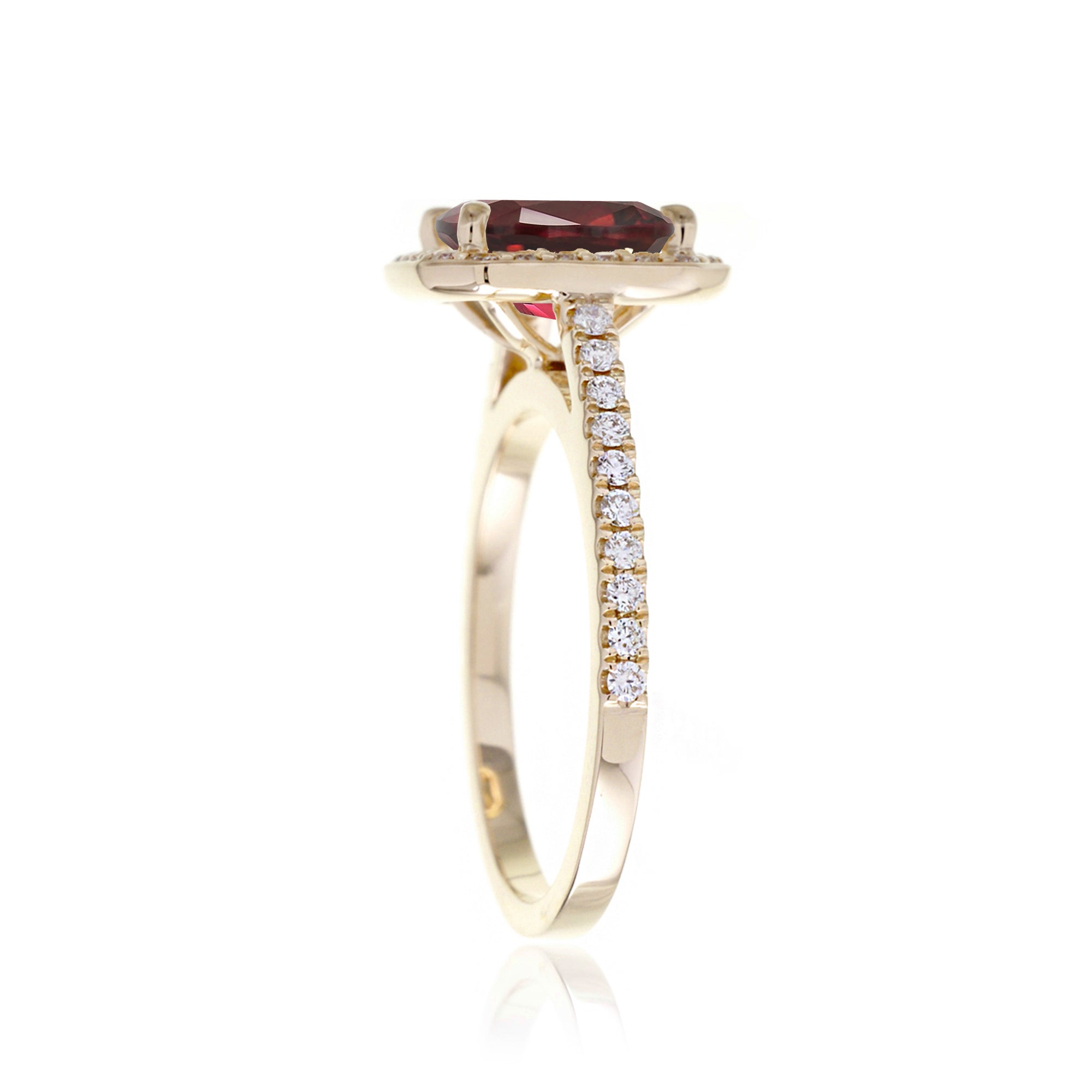 Cushion lab-grown ruby diamond halo cathedral engagement ring - the Steffy yellow gold