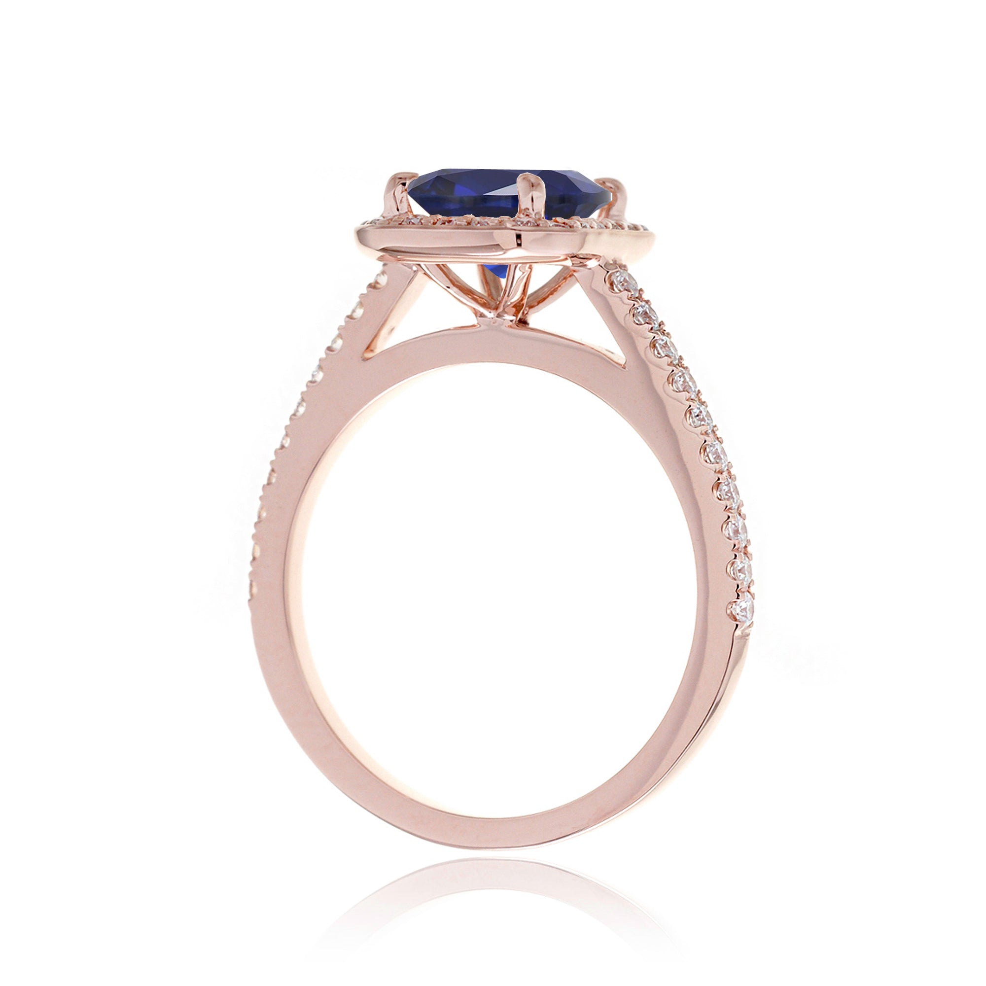 Cushion lab-grown sapphire diamond halo cathedral engagement ring - the Steffy rose gold