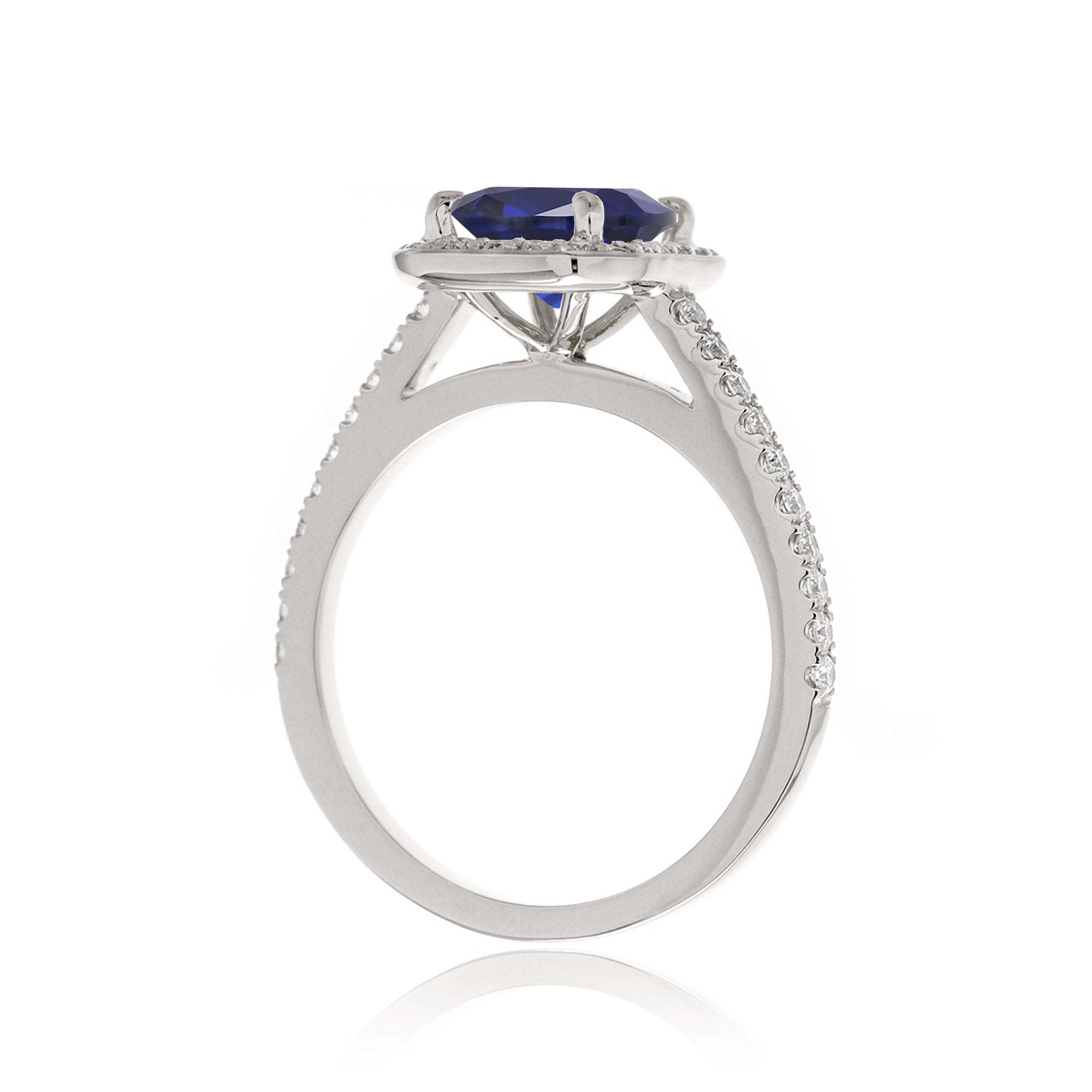 Cushion lab-grown sapphire diamond halo cathedral engagement ring - the Steffy white gold