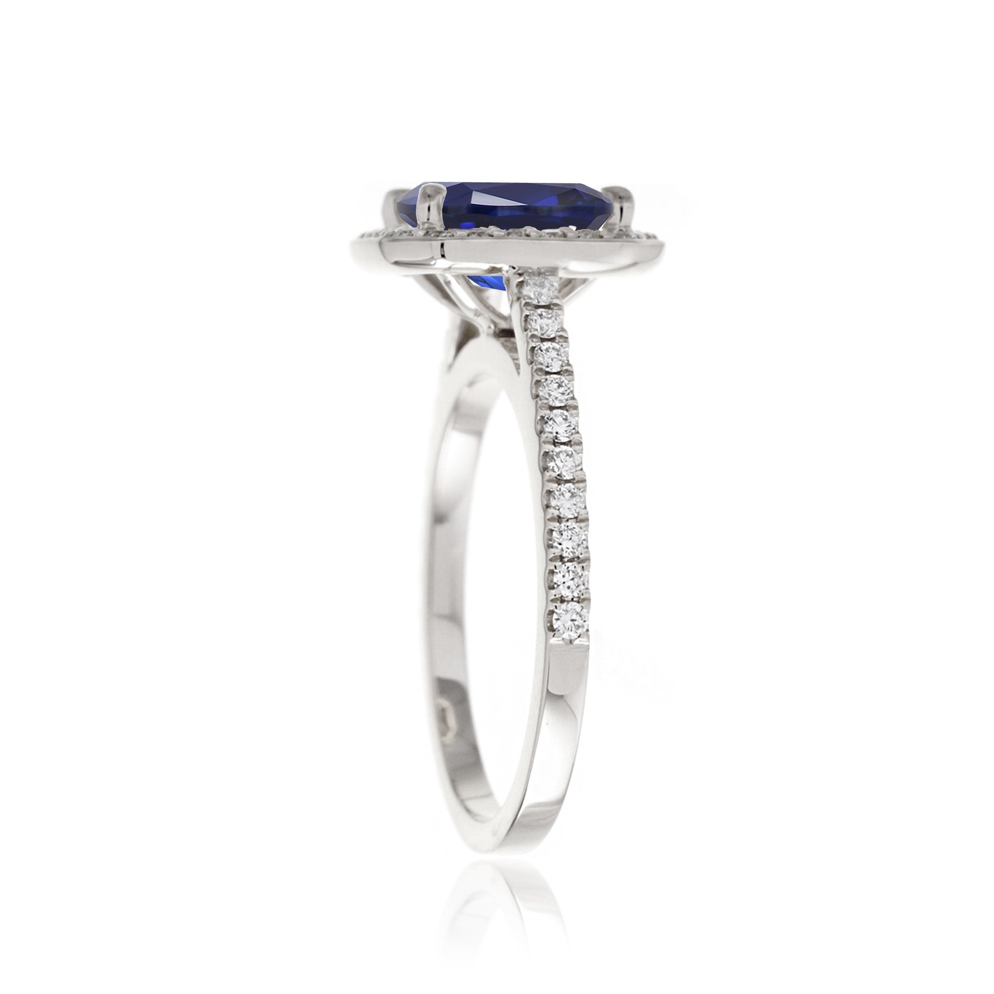 Cushion lab-grown sapphire diamond halo cathedral engagement ring - the Steffy white gold