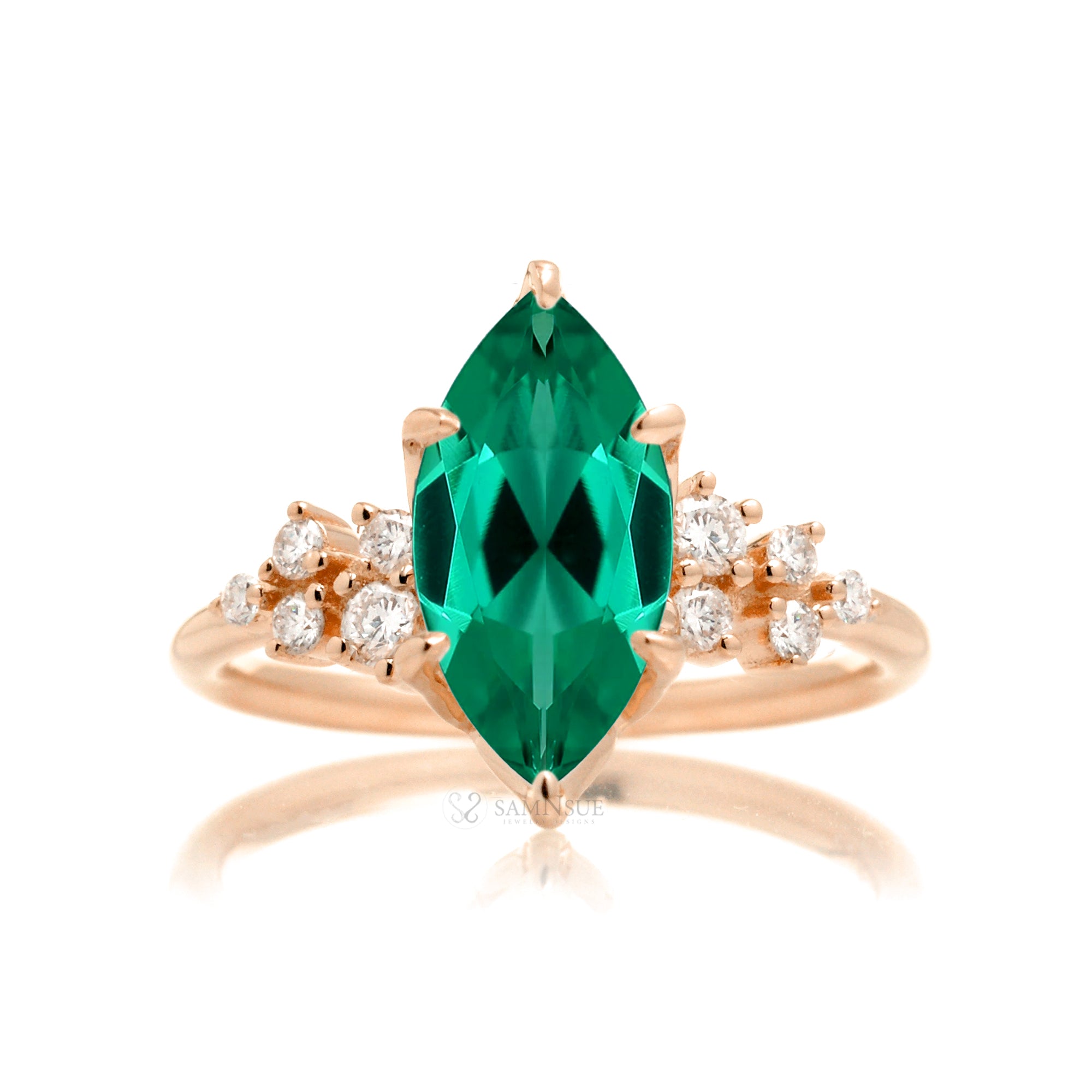 Marquise Cut Green Emerald And Diamond Ring Rose Gold