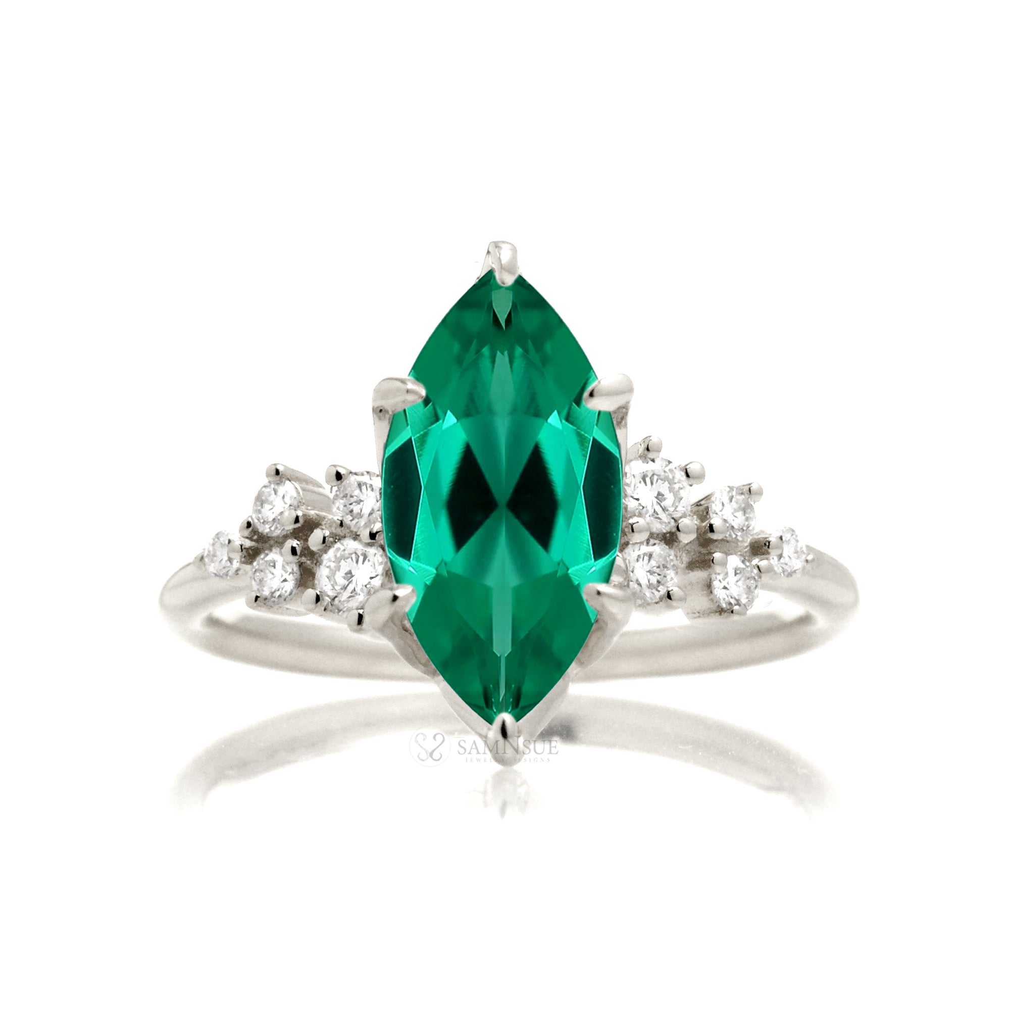 Marquise Cut Green Emerald And Diamond Ring White Gold
