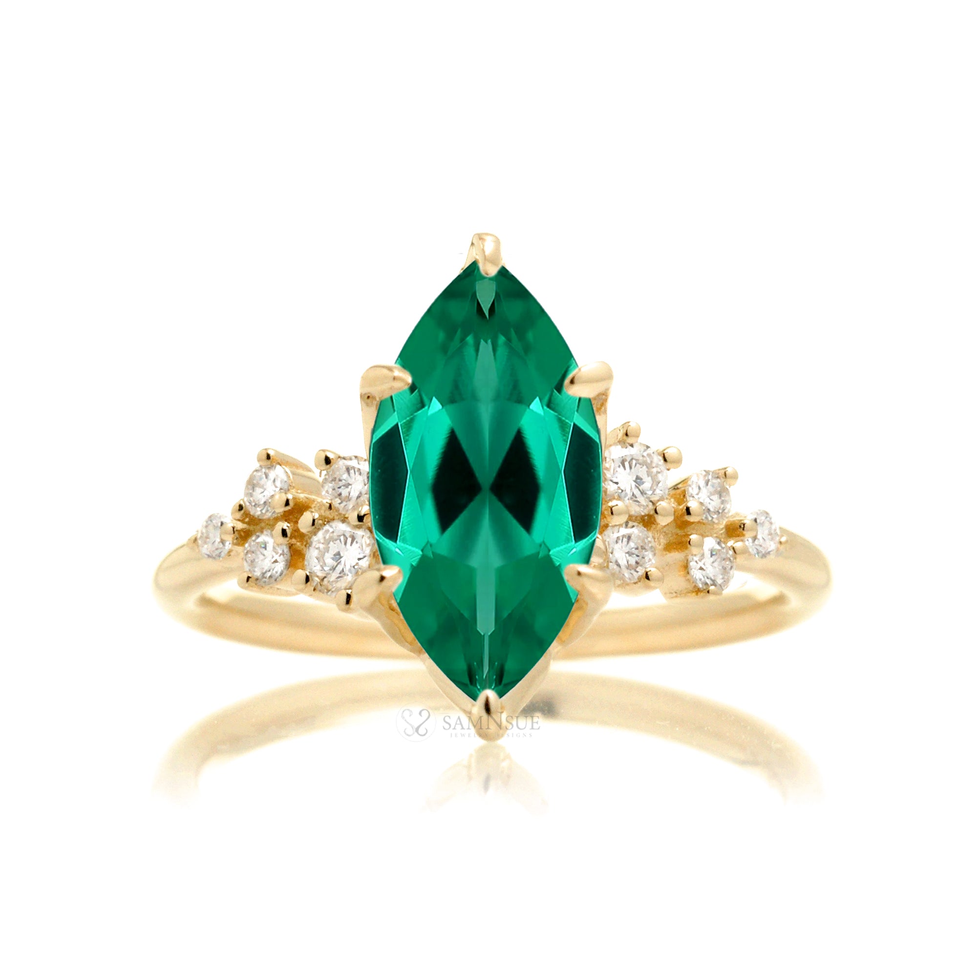 Marquise Cut Green Emerald And Diamond Ring Yellow Gold