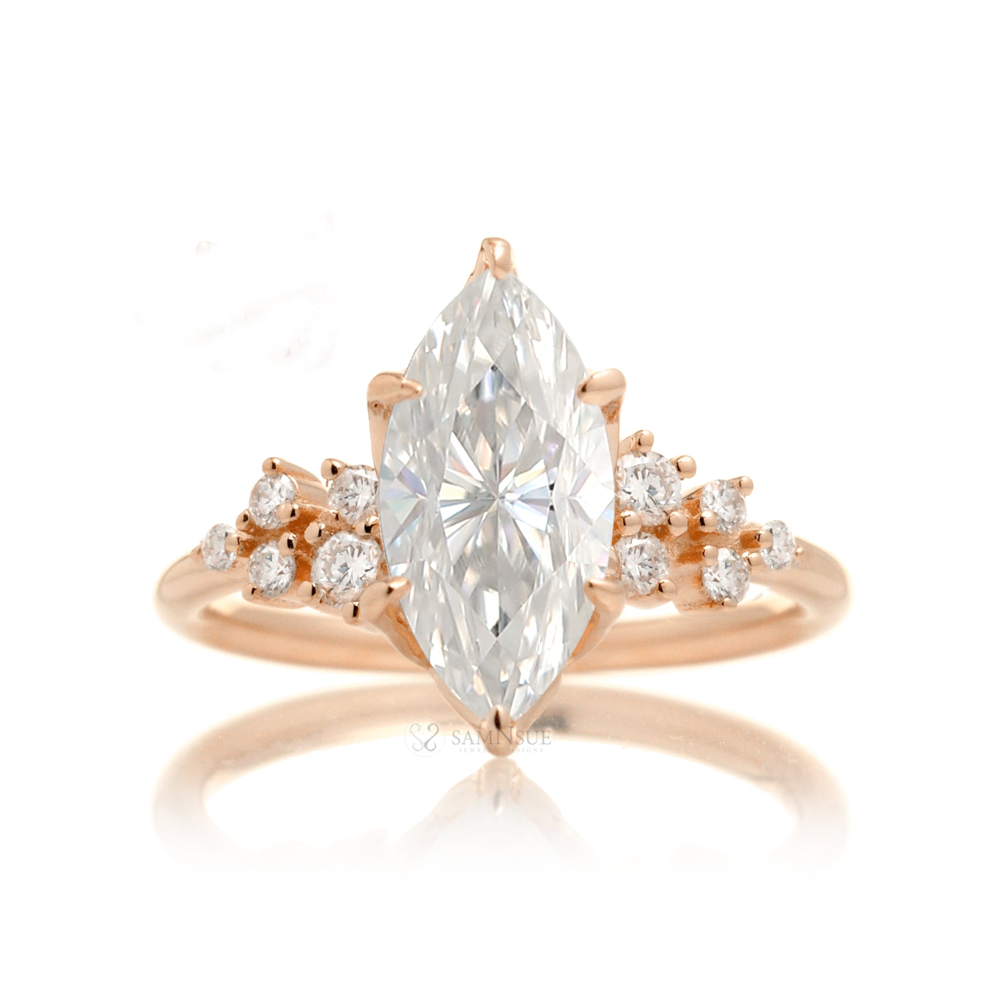 Marquise cut moissanite and diamond side stone ring rose gold