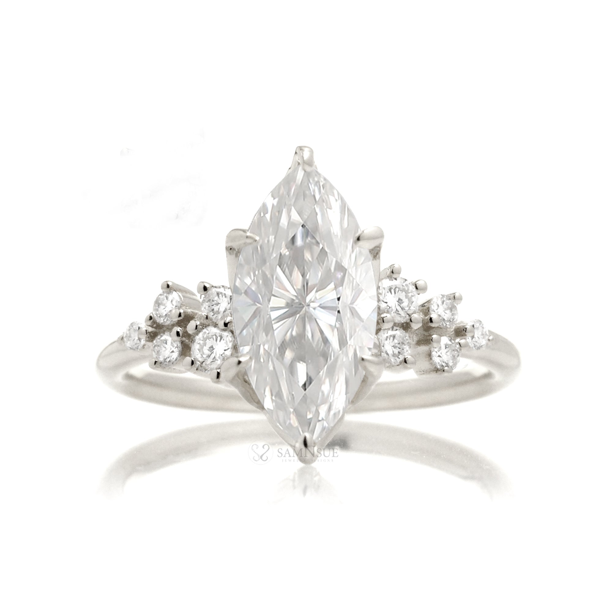 Marquise cut moissanite crown basket and diamond side stone ring white gold